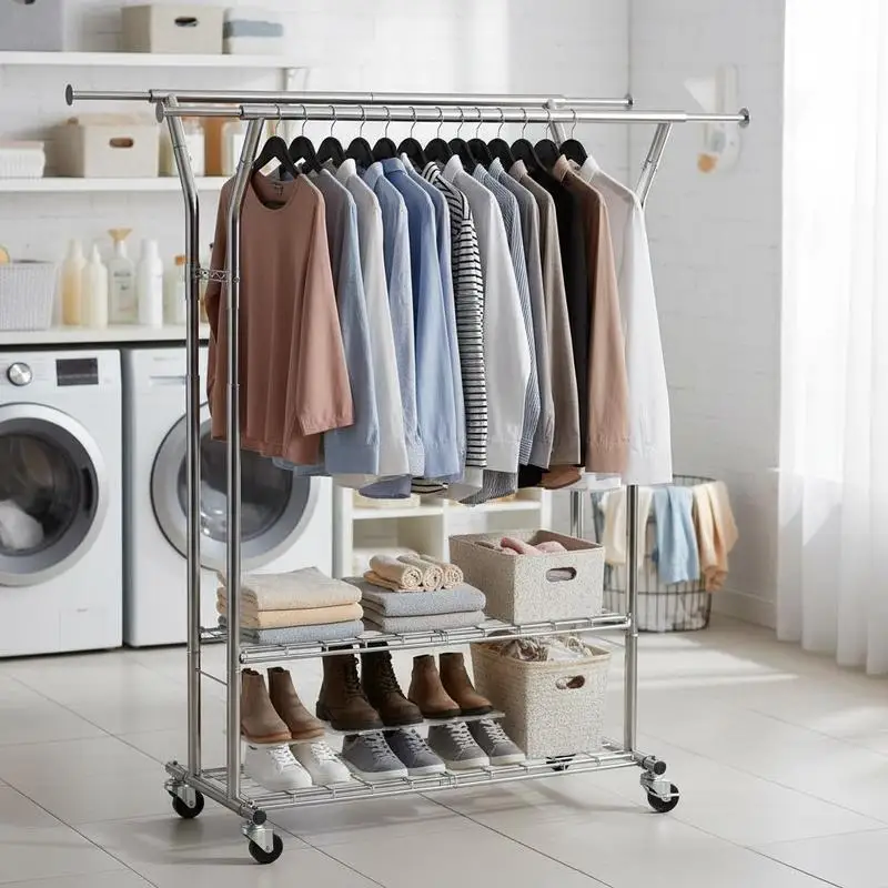 Clothes Rack, Rolling Clothing Garment Rack with 2 Hanging Rods and 2 Storage Shelves, 264 lbs Load Capacity, Adjustable Height Carbon Steel Clothing Racks for Bedroom, Laundry, Living Room
Clothes Rack, Rolling Clothing Garment Rack with 2 Hanging Rods and 2 Storage Shelves, 264 lbs Load Capacity, Adjustable Height Carbon Steel Clothing Racks for Bedroom, Laundry, Living Room