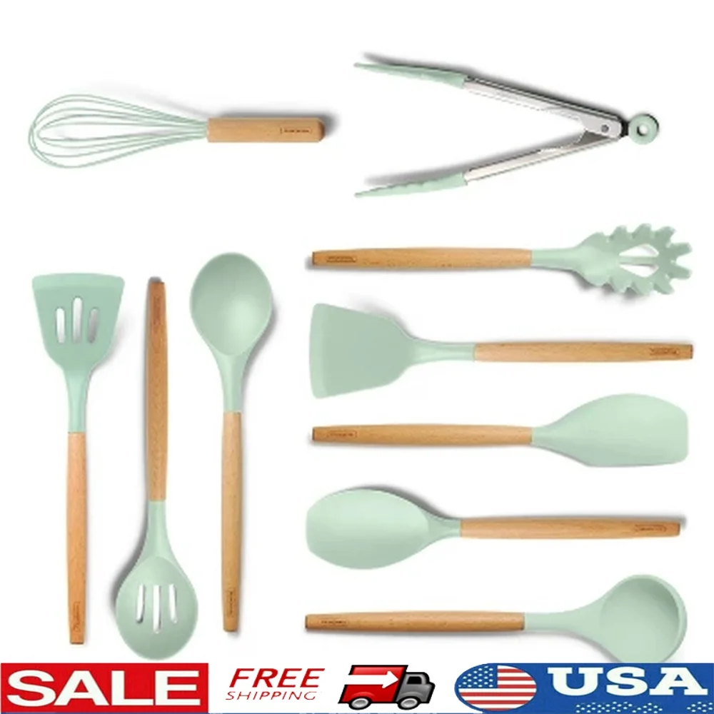 10pc Silicone Utensil Set with Natural Beechwood Handles Heat Resistant Kitchen Tools Cooking Baking Serving BPA Free
10pc Silicone Utensil Set with Natural Beechwood Handles Heat Resistant Kitchen Tools Cooking Baking Serving BPA Free