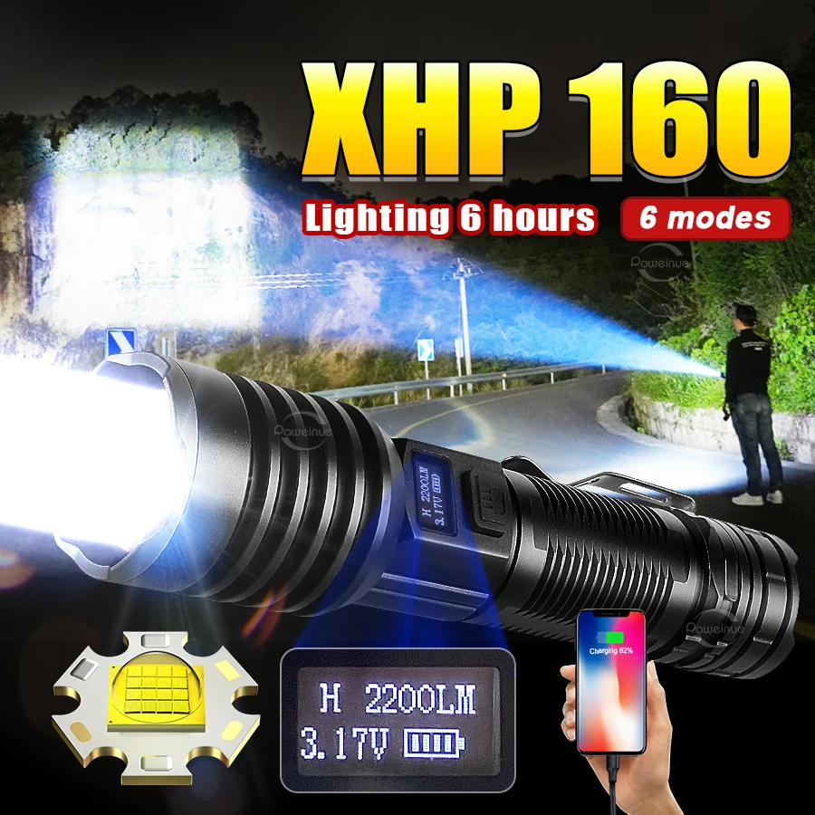 XHP160 высокомощный фонарик, Аккумуляторный водонепроницаемый фонарик, дисплей 26650, фонарик для наружного освещения, фонарик для кемпинга
XHP160 высокомощный фонарик, Аккумуляторный водонепроницаемый фонарик, дисплей 26650, фонарик для наружного освещения, фонарик для кемпинга