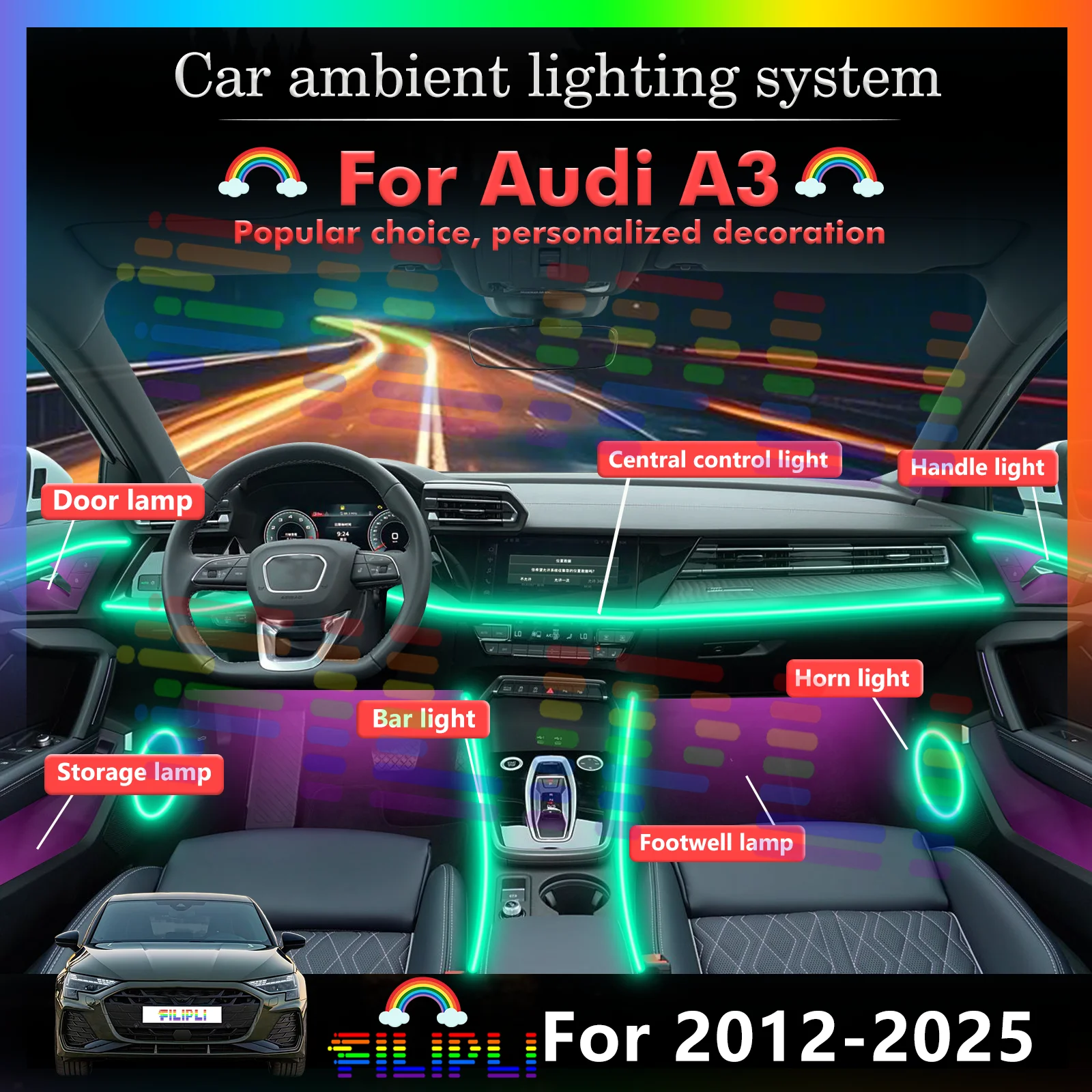 For Audi A3 Vehicle Interior LED Multi-color Ambient Decorative Light, Smart Control Lamp
For Audi A3 Vehicle Interior LED Multi-color Ambient Decorative Light, Smart Control Lamp