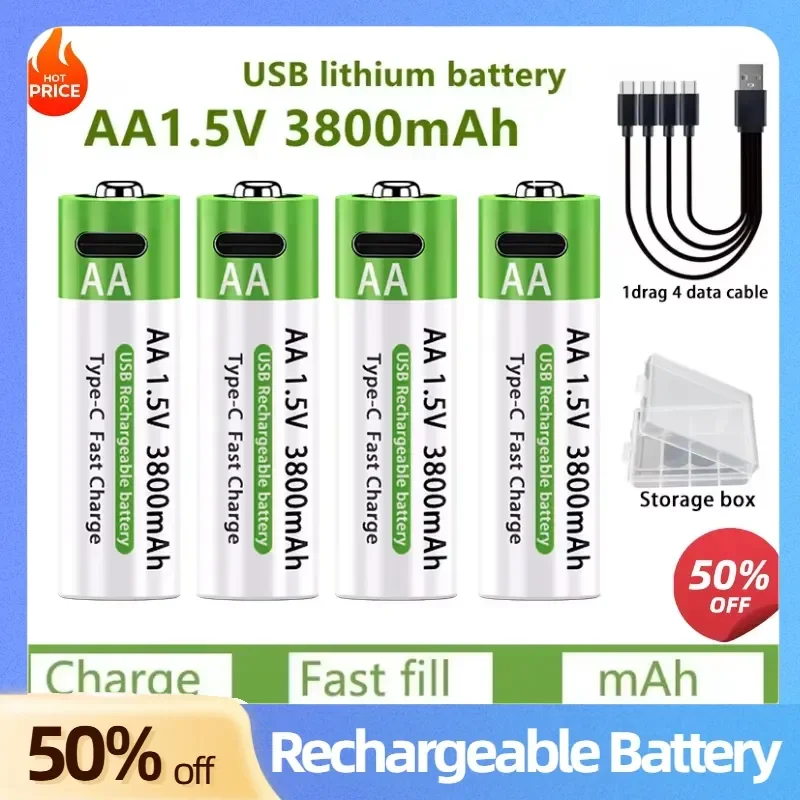 3800mAh 1.5V Li-ion AA Rechargeable Batteries USB Lithium-ion Rechargeable Batteries+ Data Cable and Storage Box
3800mAh 1.5V Li-ion AA Rechargeable Batteries USB Lithium-ion Rechargeable Batteries+ Data Cable and Storage Box