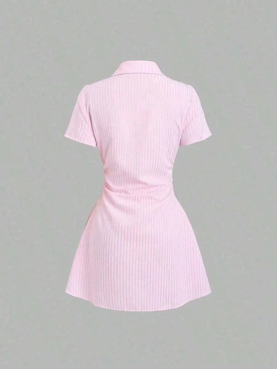 Pink Short Sleeve Shirtdress With Waist Tie, Elegant Slim Fit Summer Dress
Pink Short Sleeve Shirtdress With Waist Tie, Elegant Slim Fit Summer Dress
