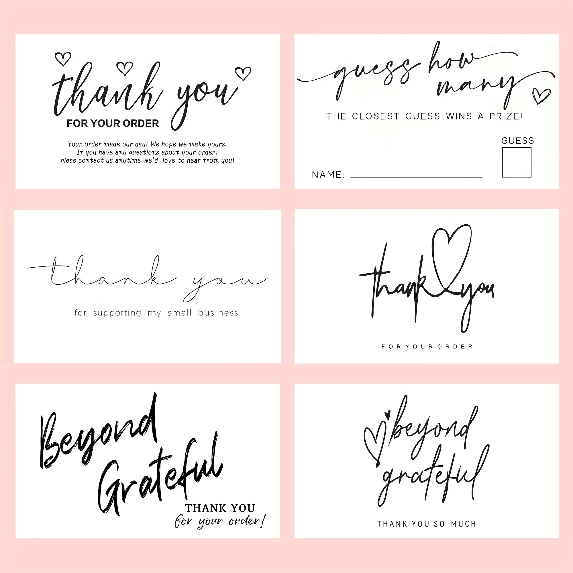 6 styles, 200 pieces per style of thank-you cards specially for micro and small enterprises; minimalist handwritten cursive gratitude package inserts, ideal for thanking customers of boutique retail store orders
6 styles, 200 pieces per style of thank-you cards specially for micro and small enterprises; minimalist handwritten cursive gratitude package inserts, ideal for thanking customers of boutique retail store orders