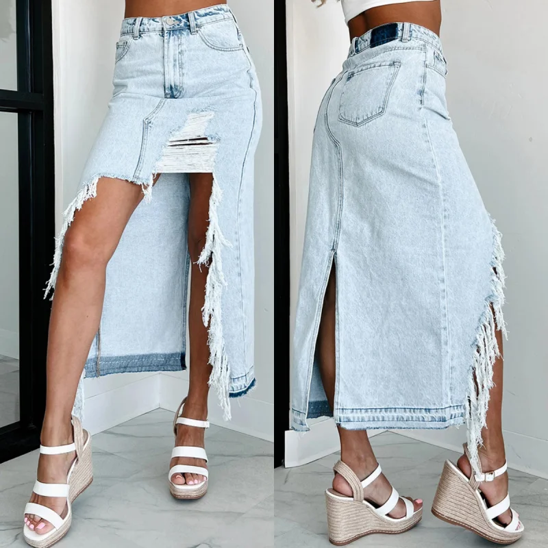 Summer 2026 High Waist Irregular Hairy Edge Cowboy Split Hip Skirt Trendy Piercing Make Old Water Washed Fashion Skirt
Summer 2026 High Waist Irregular Hairy Edge Cowboy Split Hip Skirt Trendy Piercing Make Old Water Washed Fashion Skirt