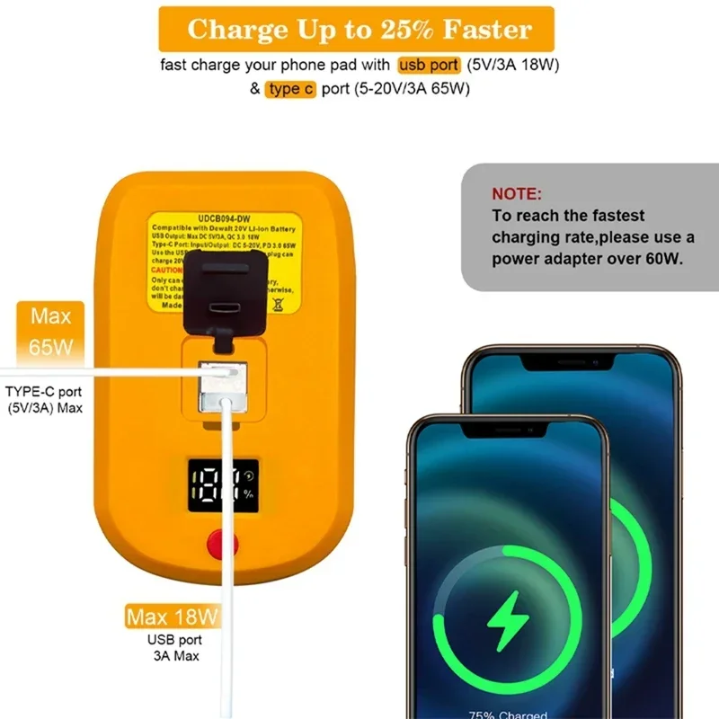 Battery Adapter with LED Display 60W with USB Type-C Charging Ports Battery Charger Quick Charge for Dewalt 18V20V60V Batteries
Battery Adapter with LED Display 60W with USB Type-C Charging Ports Battery Charger Quick Charge for Dewalt 18V20V60V Batteries