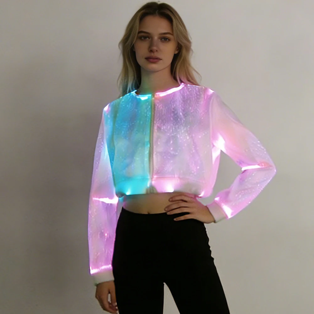 Women's LED Fiber Optic Light Up Jacket Color Changing Glowing Cropped Top Luminous Party Wear for Rave Nightclub DJ Show
Women's LED Fiber Optic Light Up Jacket Color Changing Glowing Cropped Top Luminous Party Wear for Rave Nightclub DJ Show