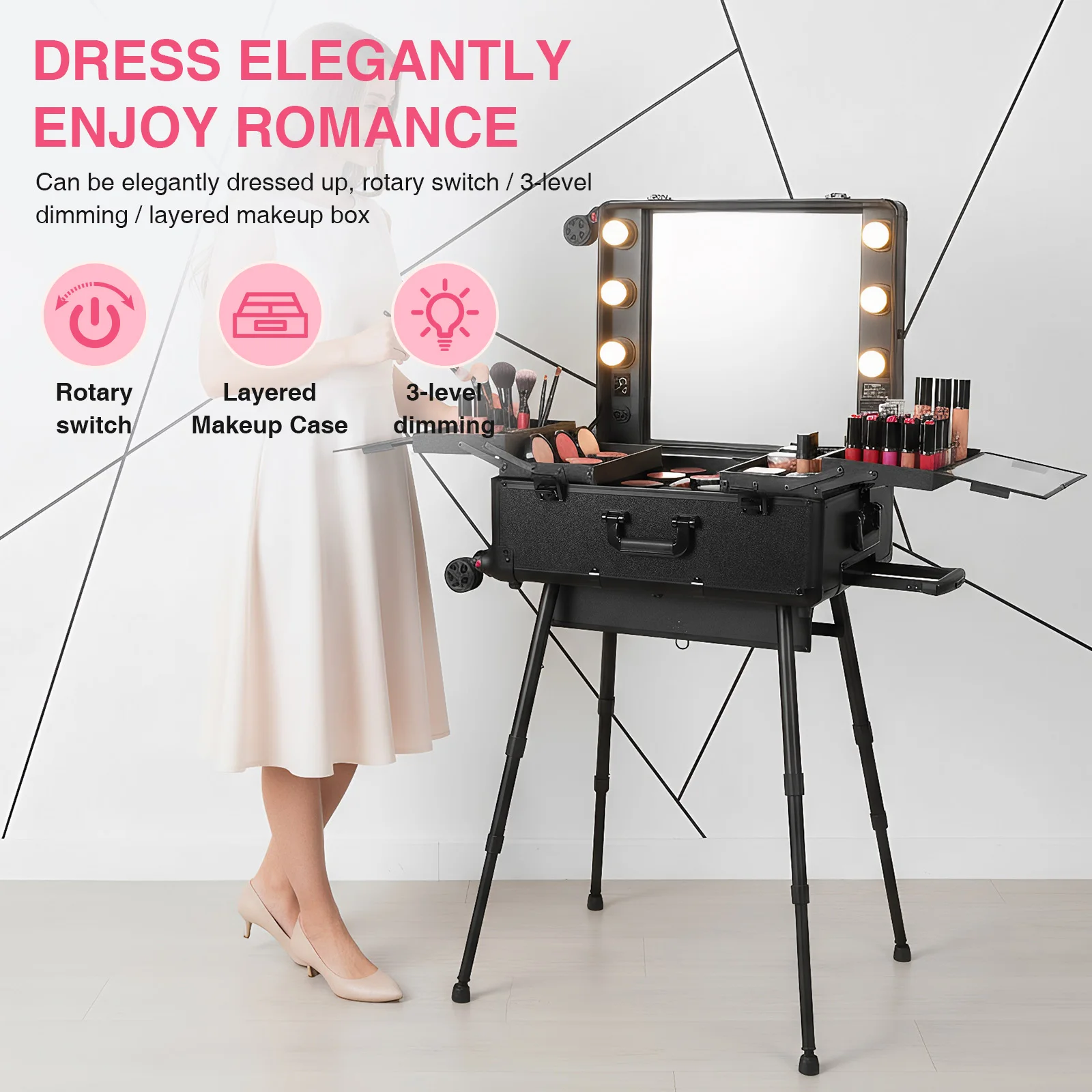 Rolling Professional Makeup Storage Organizer Box with Mirror and Lights Cosmetic Trolley with Wheels Stands for Women and Girls
Rolling Professional Makeup Storage Organizer Box with Mirror and Lights Cosmetic Trolley with Wheels Stands for Women and Girls