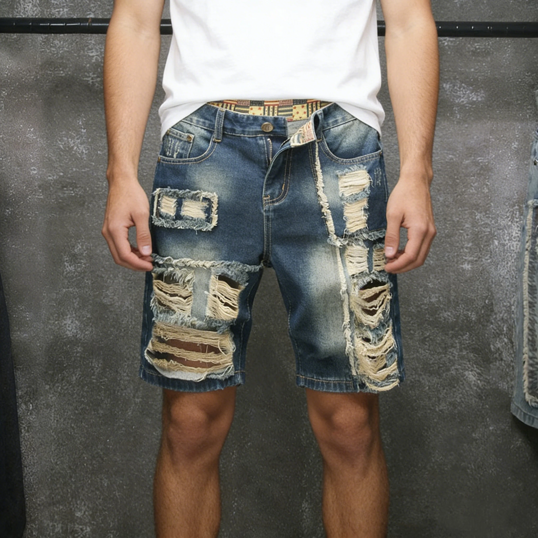 Summer new fashionable men's ripped vintage denim shorts, casual embroidered patch, knee-length street style, loose denim shorts
Summer new fashionable men's ripped vintage denim shorts, casual embroidered patch, knee-length street style, loose denim shorts