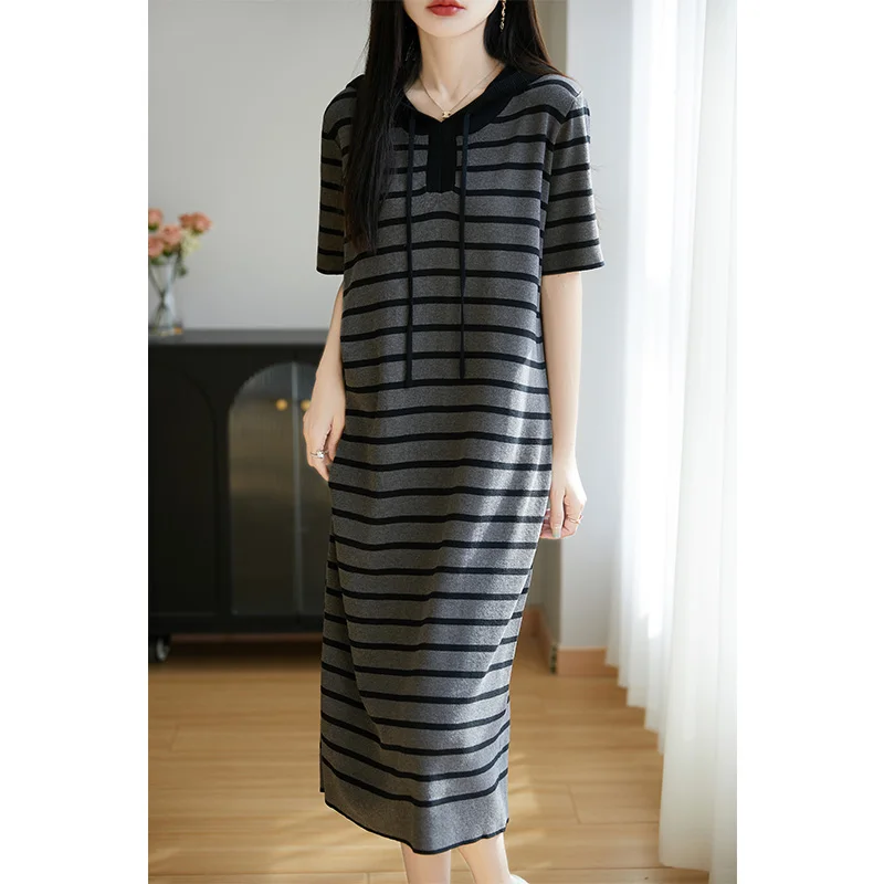ZOCEPT Fashion Casual Knitted Dress Women's Short Sleeved Striped Hooded Sweatshirt Straight Tube Skirt Summer Ice Silk Dresses
ZOCEPT Fashion Casual Knitted Dress Women's Short Sleeved Striped Hooded Sweatshirt Straight Tube Skirt Summer Ice Silk Dresses