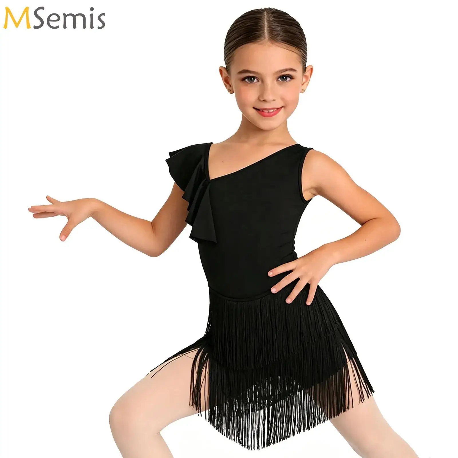 Child Latin Dance Costume for Girl Asymmetrical Ruffle Fringed Dress Black Rumba Cha Cha Practice Performance Training Clothing
Child Latin Dance Costume for Girl Asymmetrical Ruffle Fringed Dress Black Rumba Cha Cha Practice Performance Training Clothing