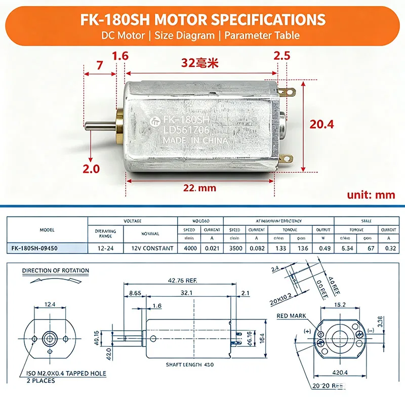 Mabuchi FK-180SH-09450 Carbon Brush Motor DC 12V/18V/24V 9300RPM High Speed Micro 20mm for Electric Shaver DIY Hobby Toy Models
Mabuchi FK-180SH-09450 Carbon Brush Motor DC 12V/18V/24V 9300RPM High Speed Micro 20mm for Electric Shaver DIY Hobby Toy Models