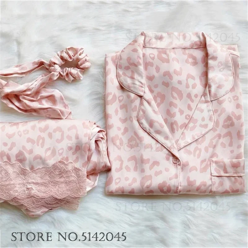 2PCS Female Pajamas Set Sexy Pink Leopard Lace Sleepwear Trouser Suits Casual Silky Satin Home Clothes Spring Summer Loungewear
2PCS Female Pajamas Set Sexy Pink Leopard Lace Sleepwear Trouser Suits Casual Silky Satin Home Clothes Spring Summer Loungewear
