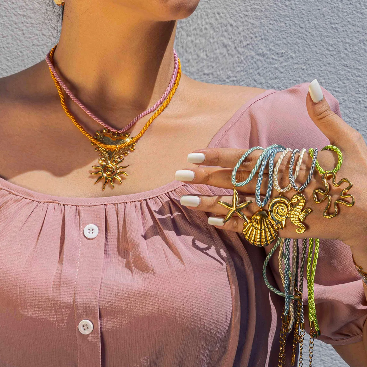 Ocean-Style Pendant Necklace Starfish, Shell Seahorse Design with 18K Gold-Plated Stainless Steel Colorful Rope Chain
Ocean-Style Pendant Necklace Starfish, Shell Seahorse Design with 18K Gold-Plated Stainless Steel Colorful Rope Chain