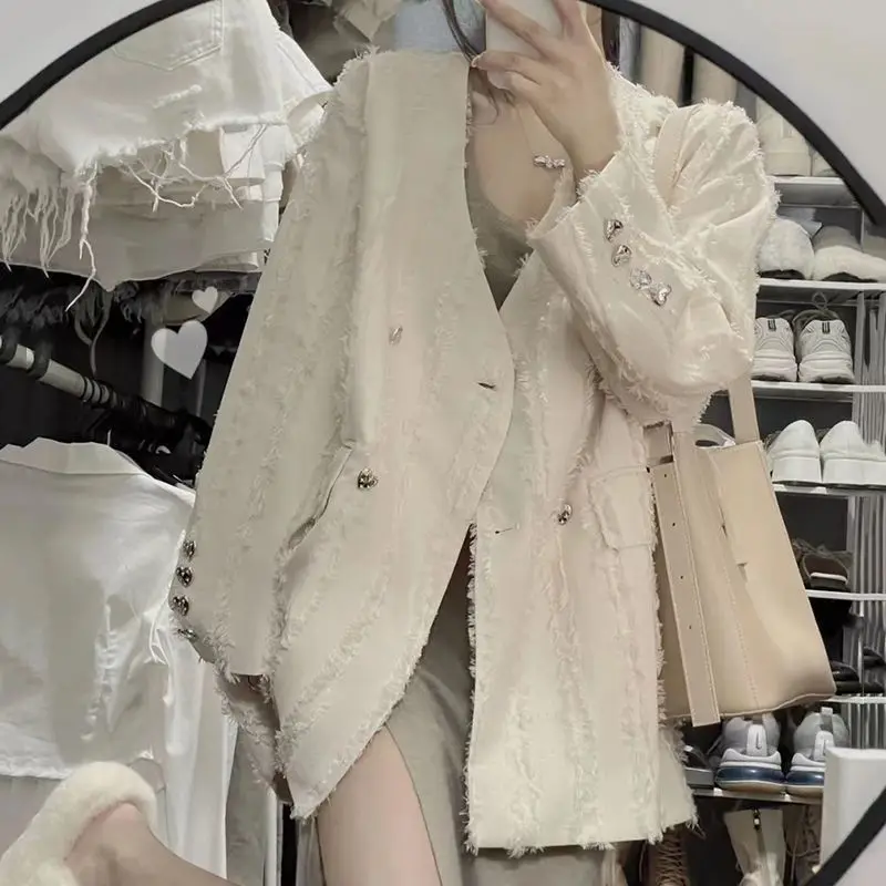 Блейзер оверсайз, женский летний костюм, новейший облегающий кардиган с v-образным вырезом в стиле ретро, с отложным воротником средней длины, с коричневыми манжетами 
Блейзер оверсайз, женский летний костюм, новейший облегающий кардиган с v-образным вырезом в стиле ретро, с отложным воротником средней длины, с коричневыми манжетами