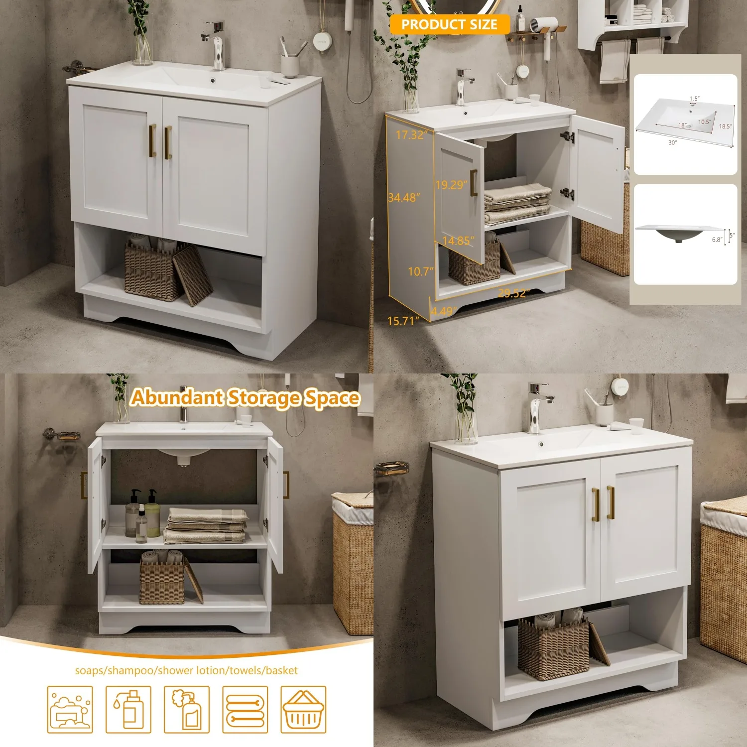 30 Inch Modern Bathroom Vanity with Ceramic Sink - Freestanding Cabinet 2 Soft-Close Doors & 1 Open Shelf, White, Customized
30 Inch Modern Bathroom Vanity with Ceramic Sink - Freestanding Cabinet 2 Soft-Close Doors & 1 Open Shelf, White, Customized