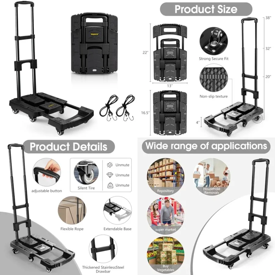 Folding Hand Truck 500lbs, Portable Heavy Duty Dolly Cart, 6 Wheels Collapsible Luggage Cart with 2 Elastic Ropes - Compact Trolley Cart for Easy Moving - Ideal Hand Cart for Travel and More
Folding Hand Truck 500lbs, Portable Heavy Duty Dolly Cart, 6 Wheels Collapsible Luggage Cart with 2 Elastic Ropes - Compact Trolley Cart for Easy Moving - Ideal Hand Cart for Travel and More
