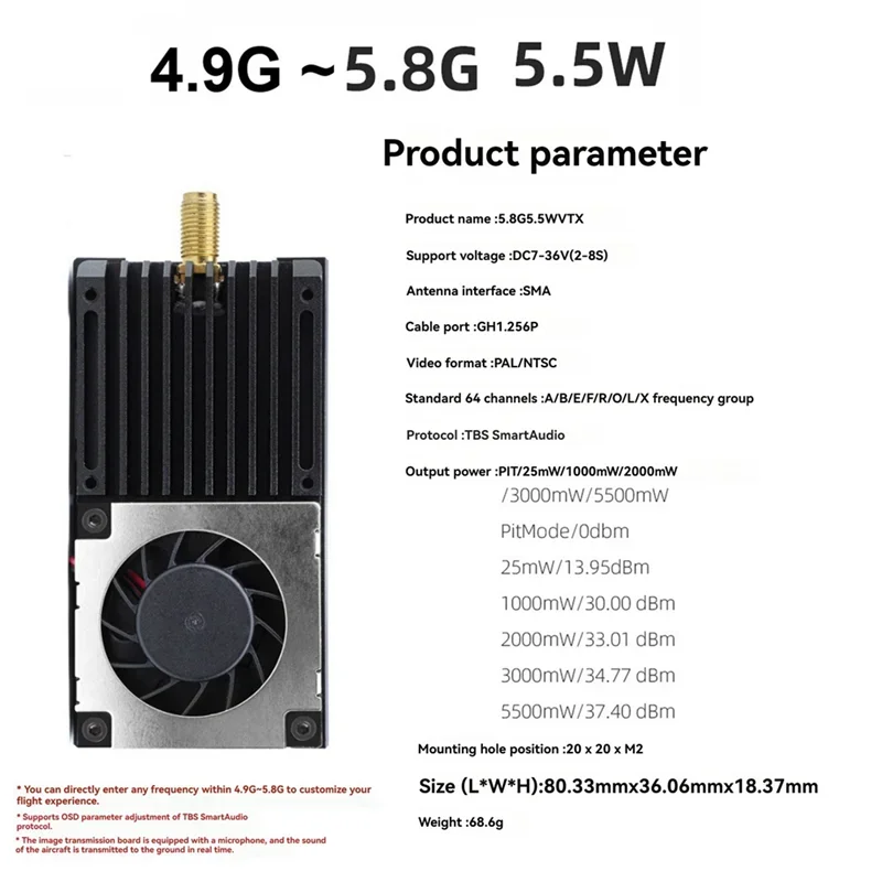 4.9G -5.8G 5.5W VTX 25Mw 1000Mw 5.5W Power FPV Image Transmission Video Transmitter Strong Stability For Long Range RC FPV Drone
4.9G -5.8G 5.5W VTX 25Mw 1000Mw 5.5W Power FPV Image Transmission Video Transmitter Strong Stability For Long Range RC FPV Drone