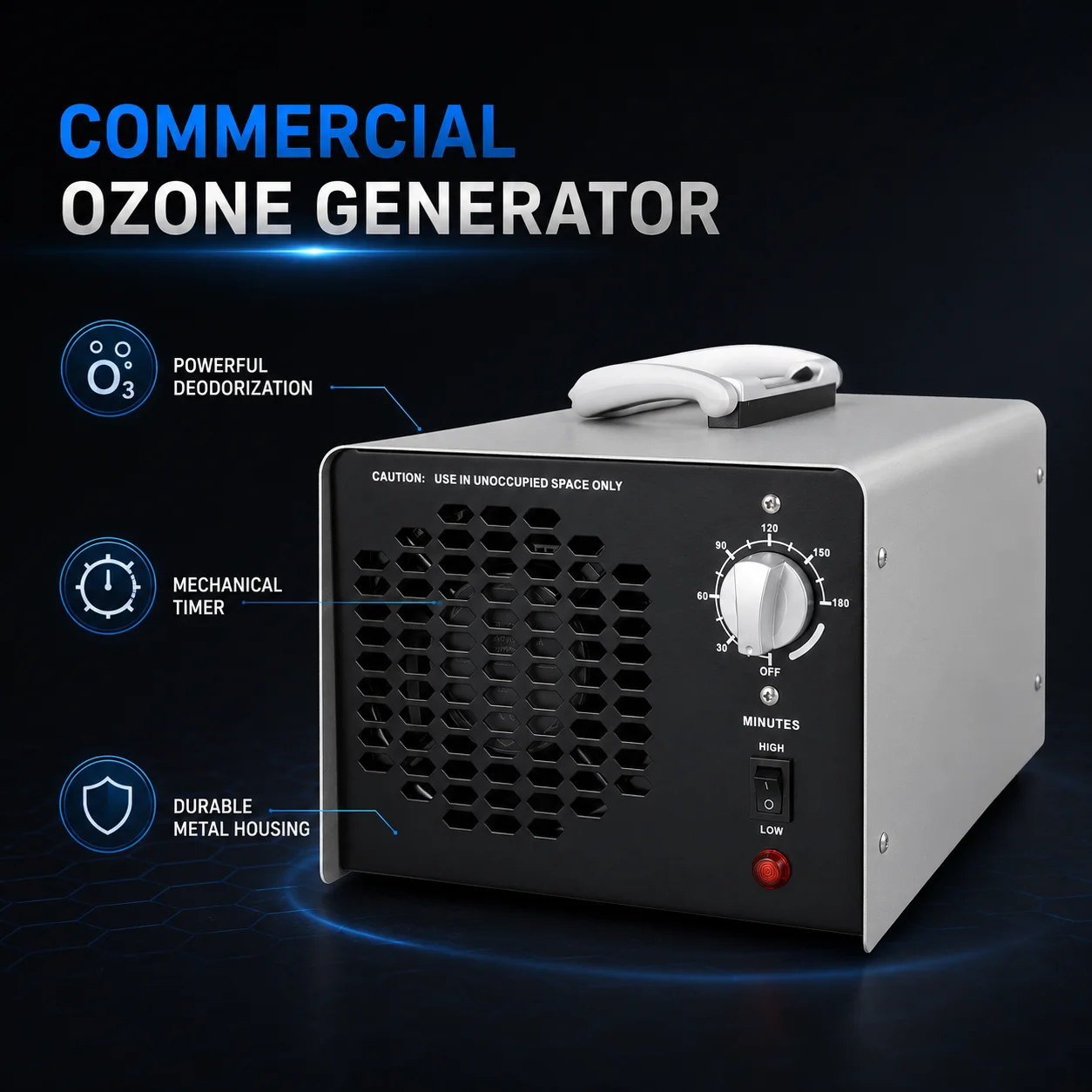 Portable Industrial Air Deodorizer Metal Housing Mechanical Timer Hotel Room Smoke Pet Smell Removal Ozone Generator
Portable Industrial Air Deodorizer Metal Housing Mechanical Timer Hotel Room Smoke Pet Smell Removal Ozone Generator