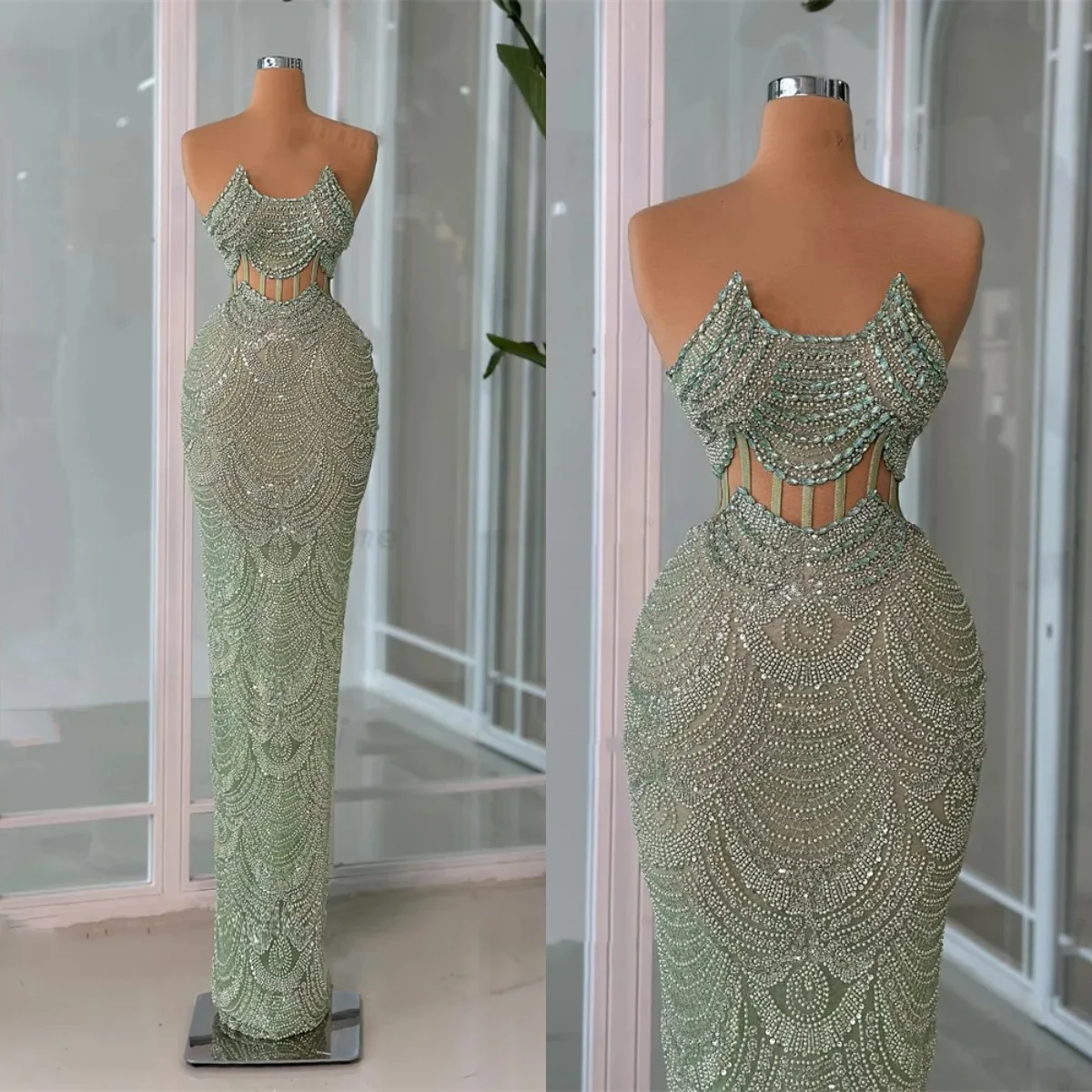 Classic Evening Dresses Strapless Sleeveless Gown Crystal Sequins Beaded See Through Sweep Train Dress Party Customized Dress
Classic Evening Dresses Strapless Sleeveless Gown Crystal Sequins Beaded See Through Sweep Train Dress Party Customized Dress