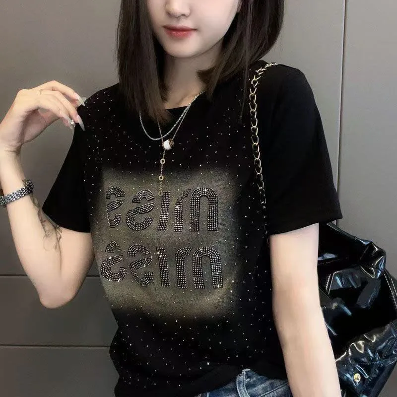 New Summer Cotton Women's Colorful Letter Hot Drilling Short Sleeve T-Shirt Women's Slim Fashion Casual T-Shirt Top
New Summer Cotton Women's Colorful Letter Hot Drilling Short Sleeve T-Shirt Women's Slim Fashion Casual T-Shirt Top