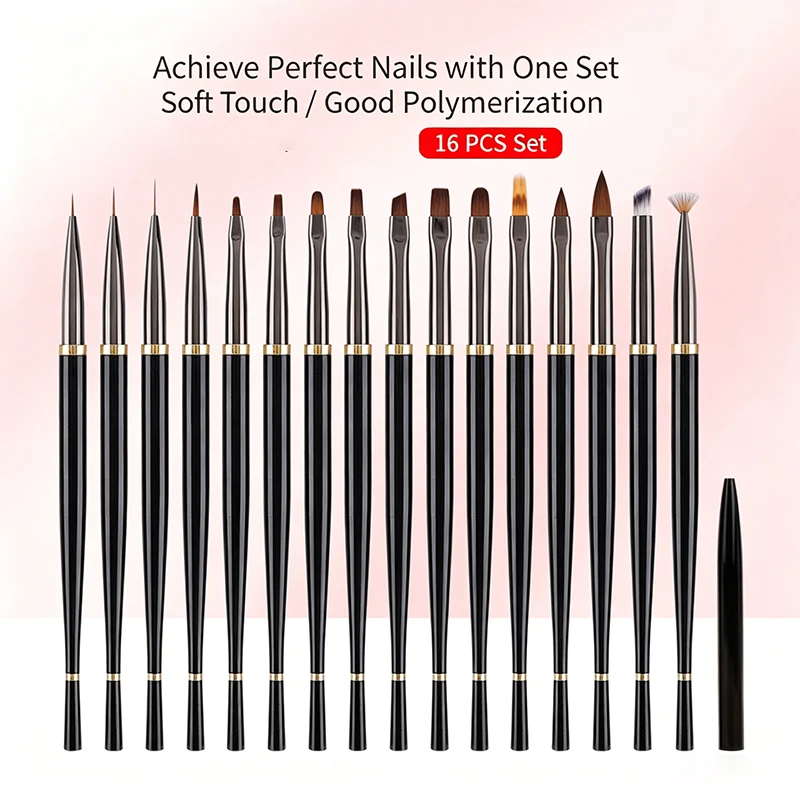 16Pcs Black Metal Handle Nail Art Brush Set Soft Bristle With Cap UV Gel Liner Gradient Flower Beginner Salon Manicure Tools
16Pcs Black Metal Handle Nail Art Brush Set Soft Bristle With Cap UV Gel Liner Gradient Flower Beginner Salon Manicure Tools
