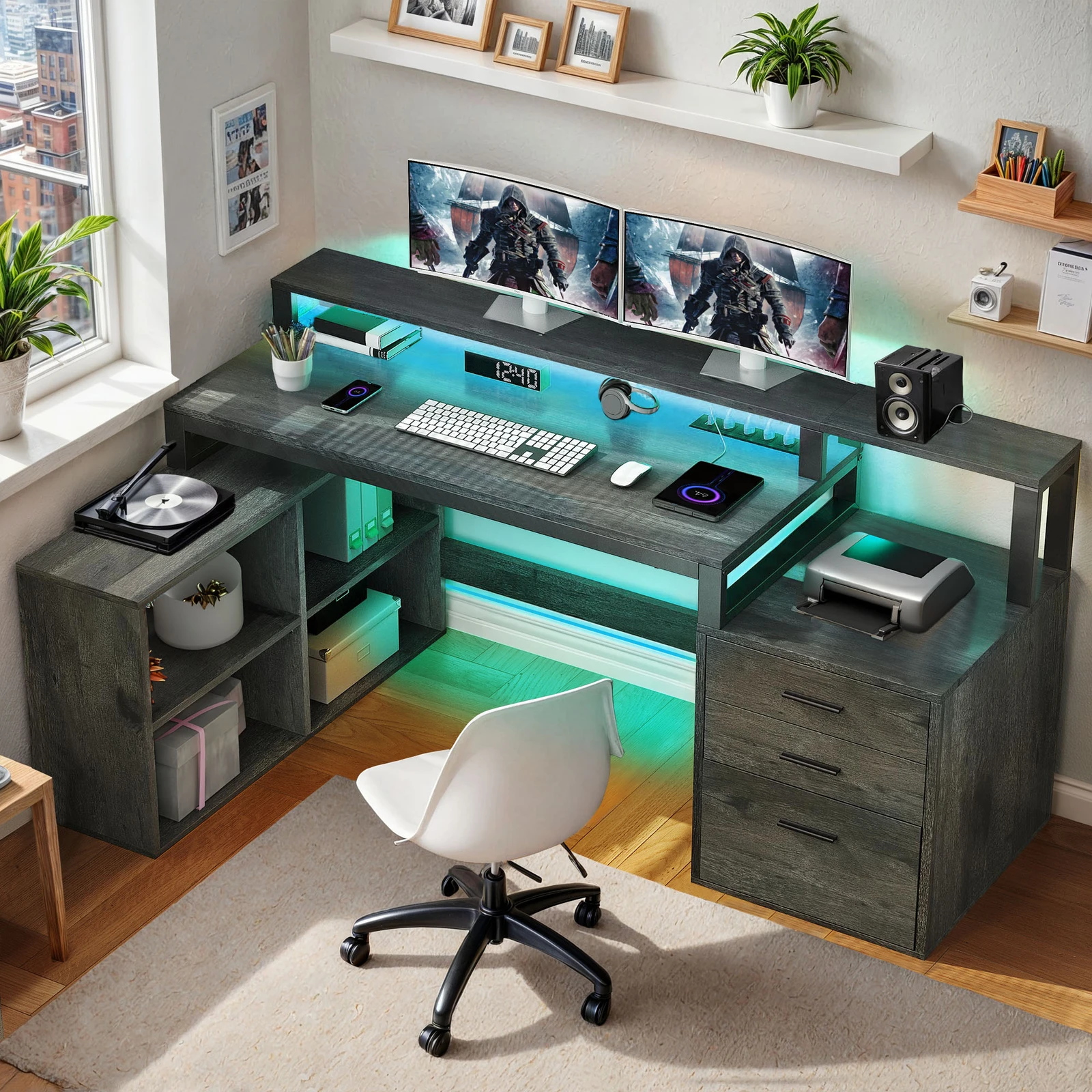 L Shaped Computer Desk LED Table w/ File Drawer Shelf Power Hub for Office Room 
L Shaped Computer Desk LED Table w/ File Drawer Shelf Power Hub for Office Room