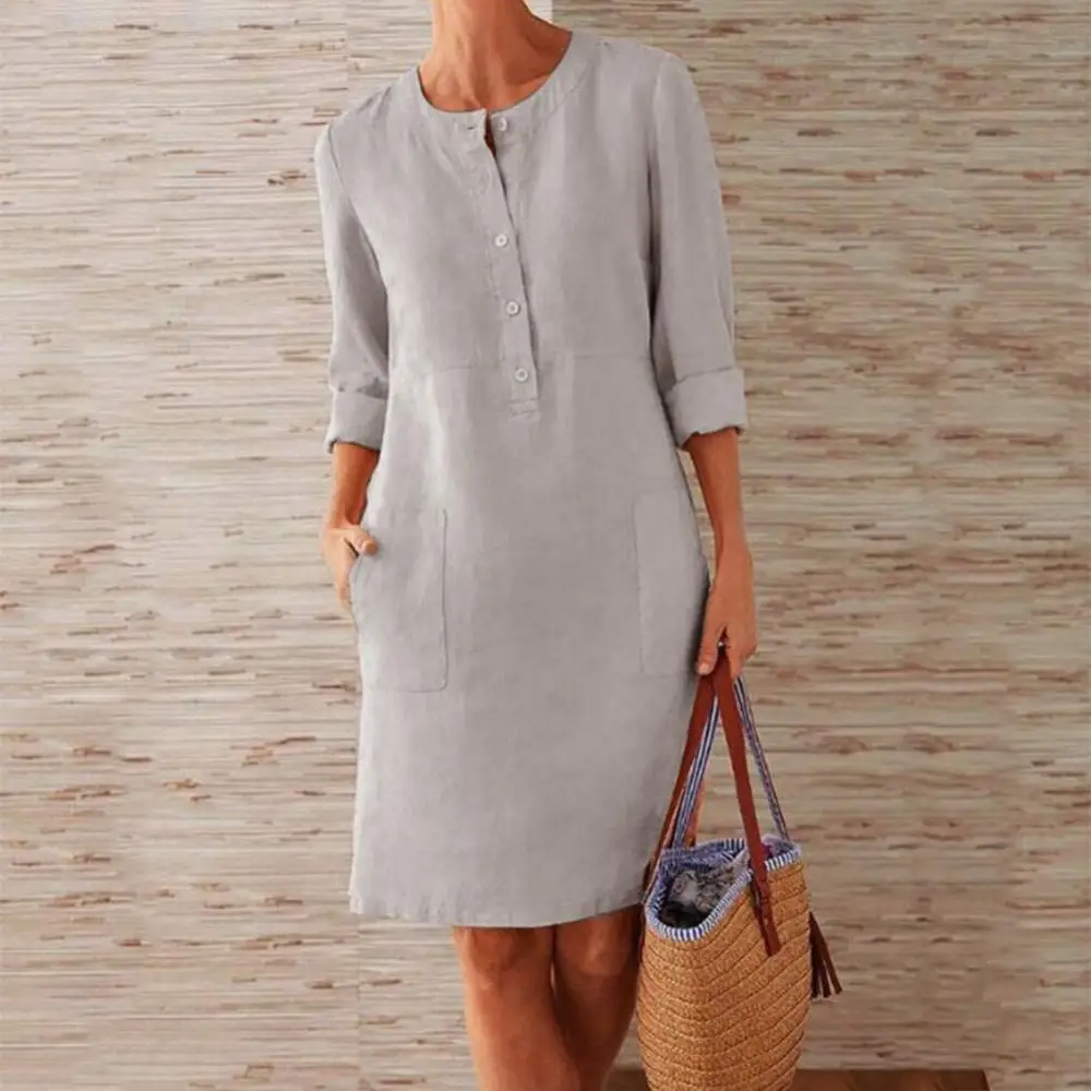Dress Women Casual Knee-length Dress Long Sleeve Loose Buttons Pockets Cotton Linen Knee-length Dress
Dress Women Casual Knee-length Dress Long Sleeve Loose Buttons Pockets Cotton Linen Knee-length Dress