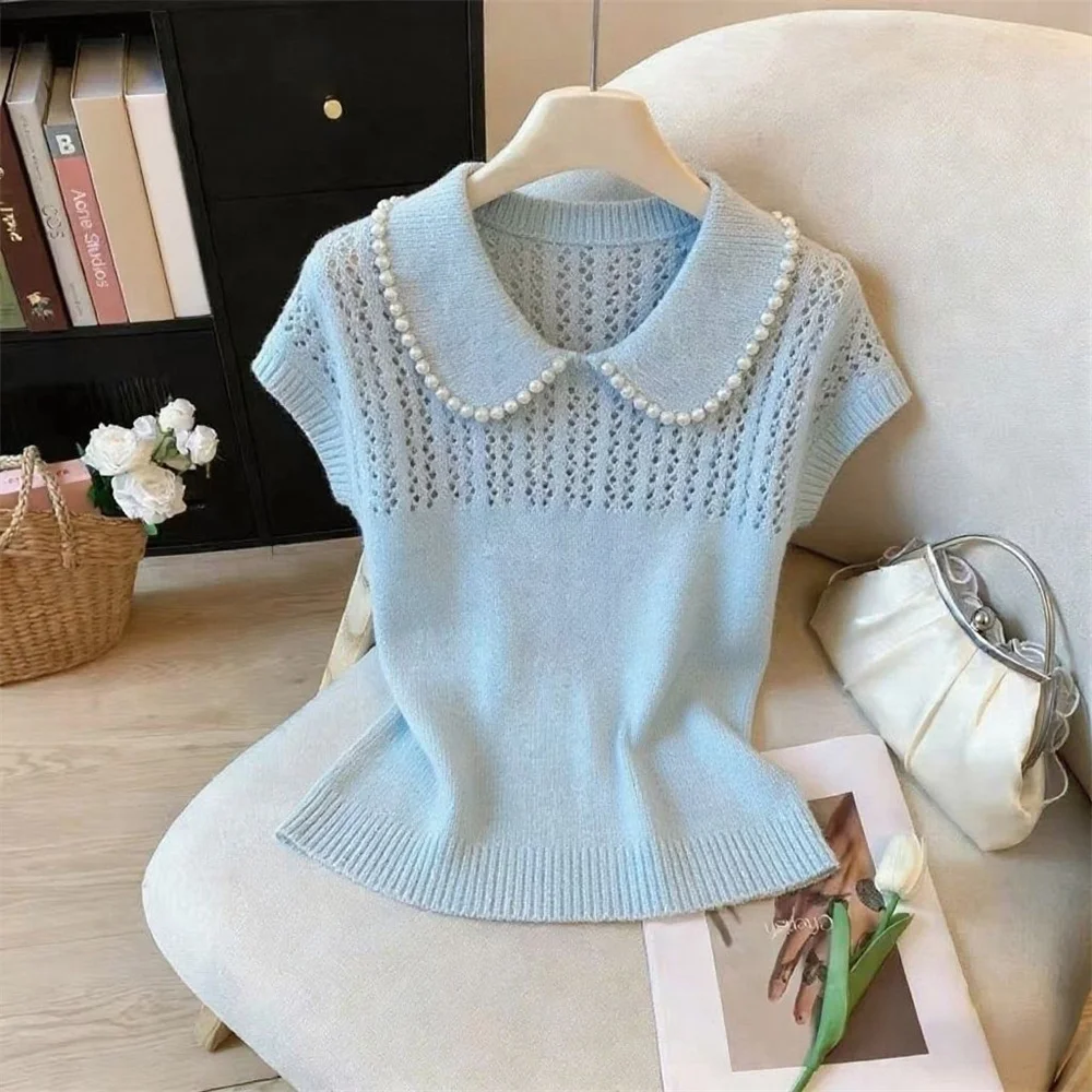 Spring Summer Knit T Shirt For Women Solid Pearl Peter Pan Collar Sweater Ice Silk Vintage Short Sleeve Hollow Out Pullover Tees
Spring Summer Knit T Shirt For Women Solid Pearl Peter Pan Collar Sweater Ice Silk Vintage Short Sleeve Hollow Out Pullover Tees