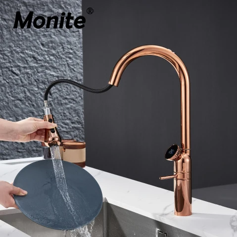 Monite Rose Gold High-end Kitchen Sink Faucet 360 Swivel Pull Down Luxury Tap LED Temperature Display Brass Hot Cold Mixer Taps
Monite Rose Gold High-end Kitchen Sink Faucet 360 Swivel Pull Down Luxury Tap LED Temperature Display Brass Hot Cold Mixer Taps