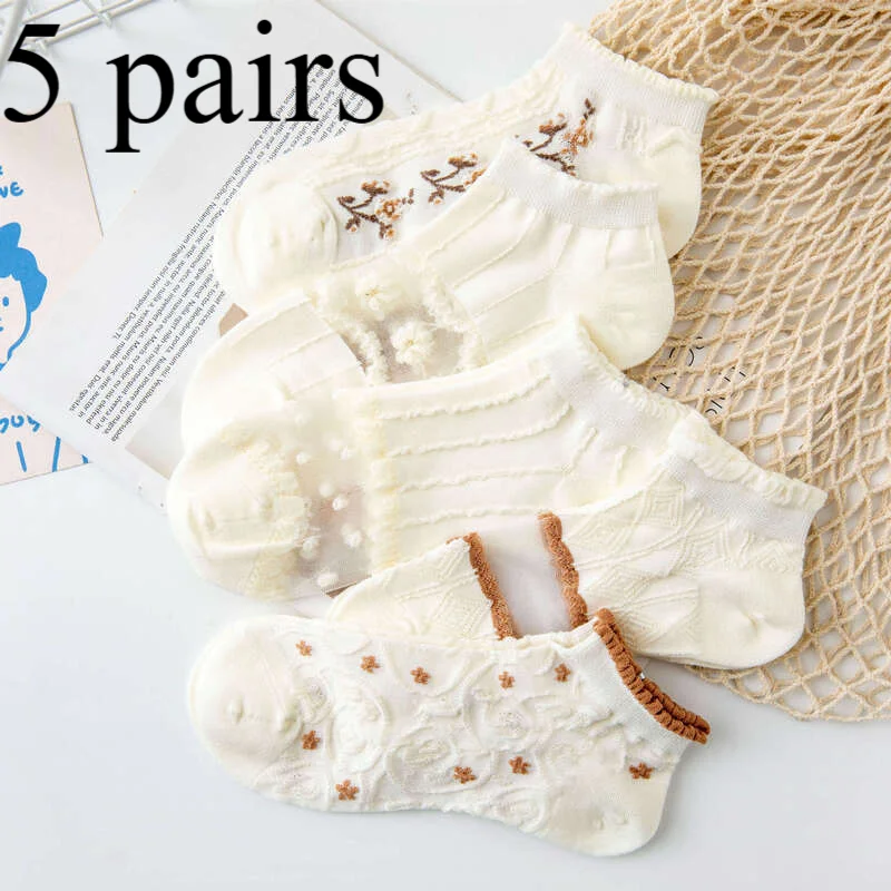 Women's Summer Thin Lace Socks Sweet White Flower Jacquard Sweat-Wicking Comfortable Casual Socks for Daily Wear 5 Pairs
Women's Summer Thin Lace Socks Sweet White Flower Jacquard Sweat-Wicking Comfortable Casual Socks for Daily Wear 5 Pairs
