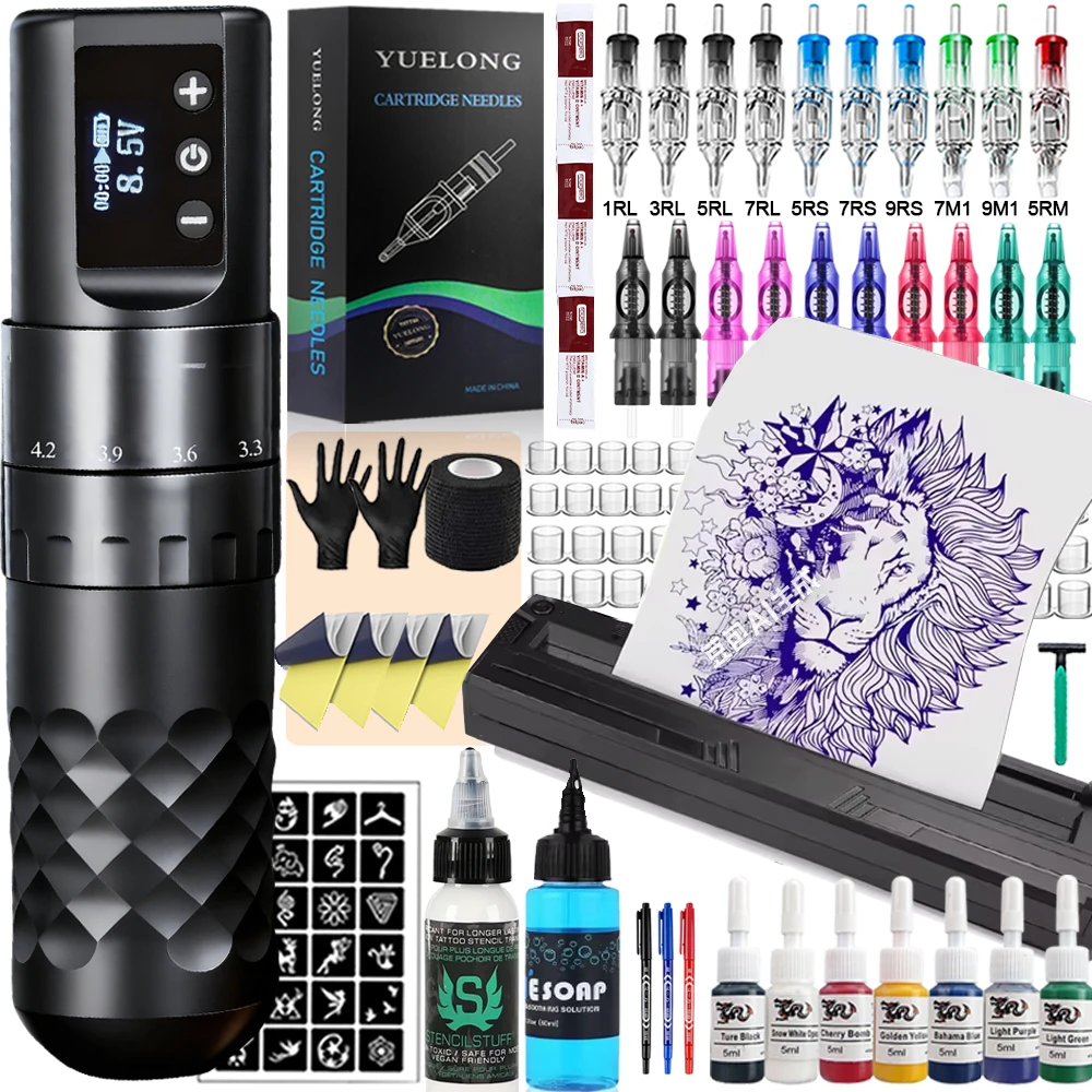 Полный комплект беспроводных ручек для татуировки, 7-тактная регулируемая тату-машинка с набором чернил для переноса принтера, набор для татуировки для перманентного макияжа
Полный комплект беспроводных ручек для татуировки, 7-тактная регулируемая тату-машинка с набором чернил для переноса принтера, набор для татуировки для перманентного макияжа