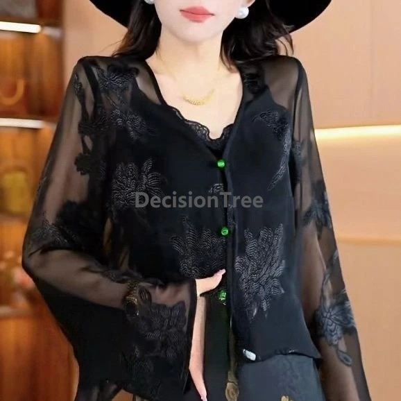 Summer Chinese style Women Top jacquard long-sleeve Shawl Versatile Sun-protective Shirt Daily Black Loose Chiffon Blouse
Summer Chinese style Women Top jacquard long-sleeve Shawl Versatile Sun-protective Shirt Daily Black Loose Chiffon Blouse