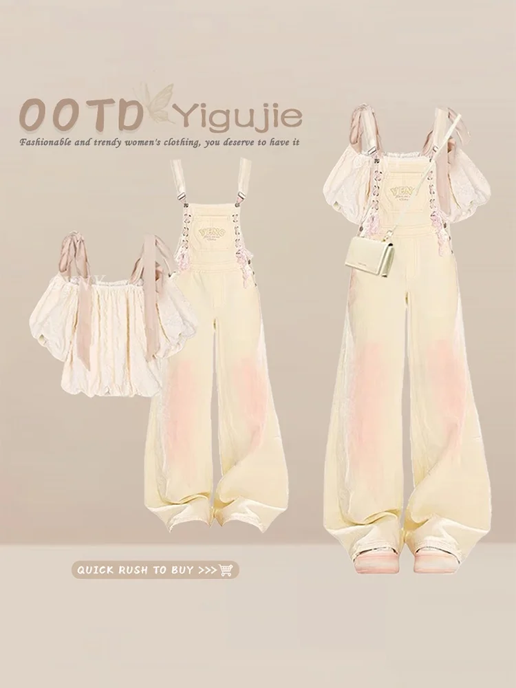 Dopamine Sweet College Style Bubble Sleeve Chiffon Top And Overalls Summer Two-Piece Set Women's Fashion High Waist Long Pants
Dopamine Sweet College Style Bubble Sleeve Chiffon Top And Overalls Summer Two-Piece Set Women's Fashion High Waist Long Pants