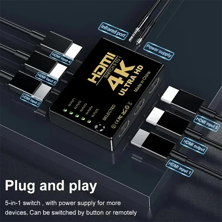 HDMI-compatible Switch 4K Switcher 5 In 1 Out Full HD 1080P Video Cable Splitter 1x5 Hub Adapter Converter For TV Box HDTV PC
HDMI-compatible Switch 4K Switcher 5 In 1 Out Full HD 1080P Video Cable Splitter 1x5 Hub Adapter Converter For TV Box HDTV PC