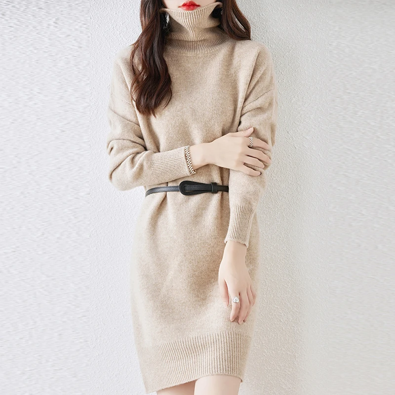 Autumn Winter New Dress Women's High Polo Collar Pullover 100 Pure Sheep Loose Medium Length Solid Color Belt Knitted Wool Dress
Autumn Winter New Dress Women's High Polo Collar Pullover 100 Pure Sheep Loose Medium Length Solid Color Belt Knitted Wool Dress