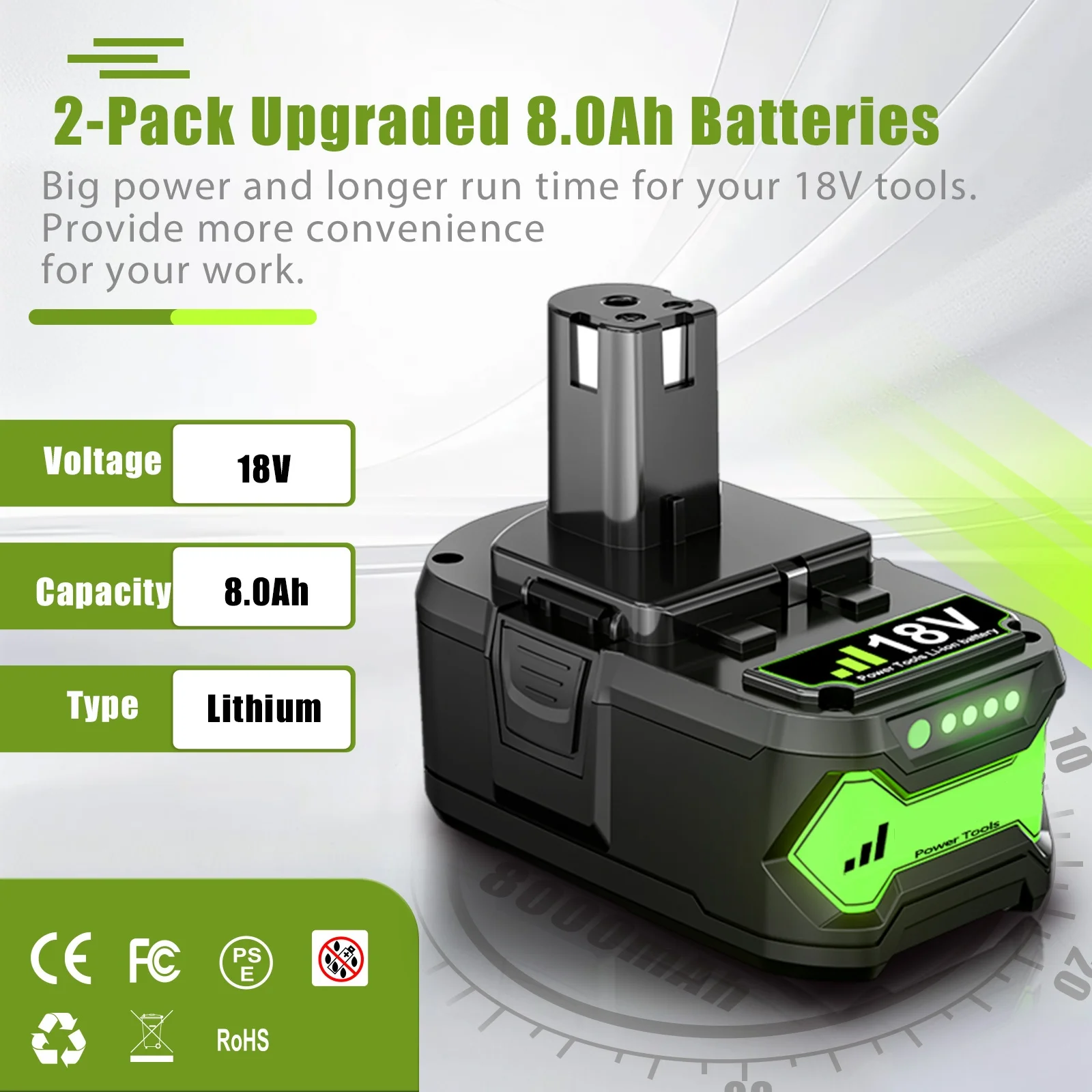 8,0 Ач для RYOBI P108 18 В One + Plus аккумулятор 18 В литий-ионный электроинструмент P104 P107 RB18L50 RB18L20 P108
8,0 Ач для RYOBI P108 18 В One + Plus аккумулятор 18 В литий-ионный электроинструмент P104 P107 RB18L50 RB18L20 P108