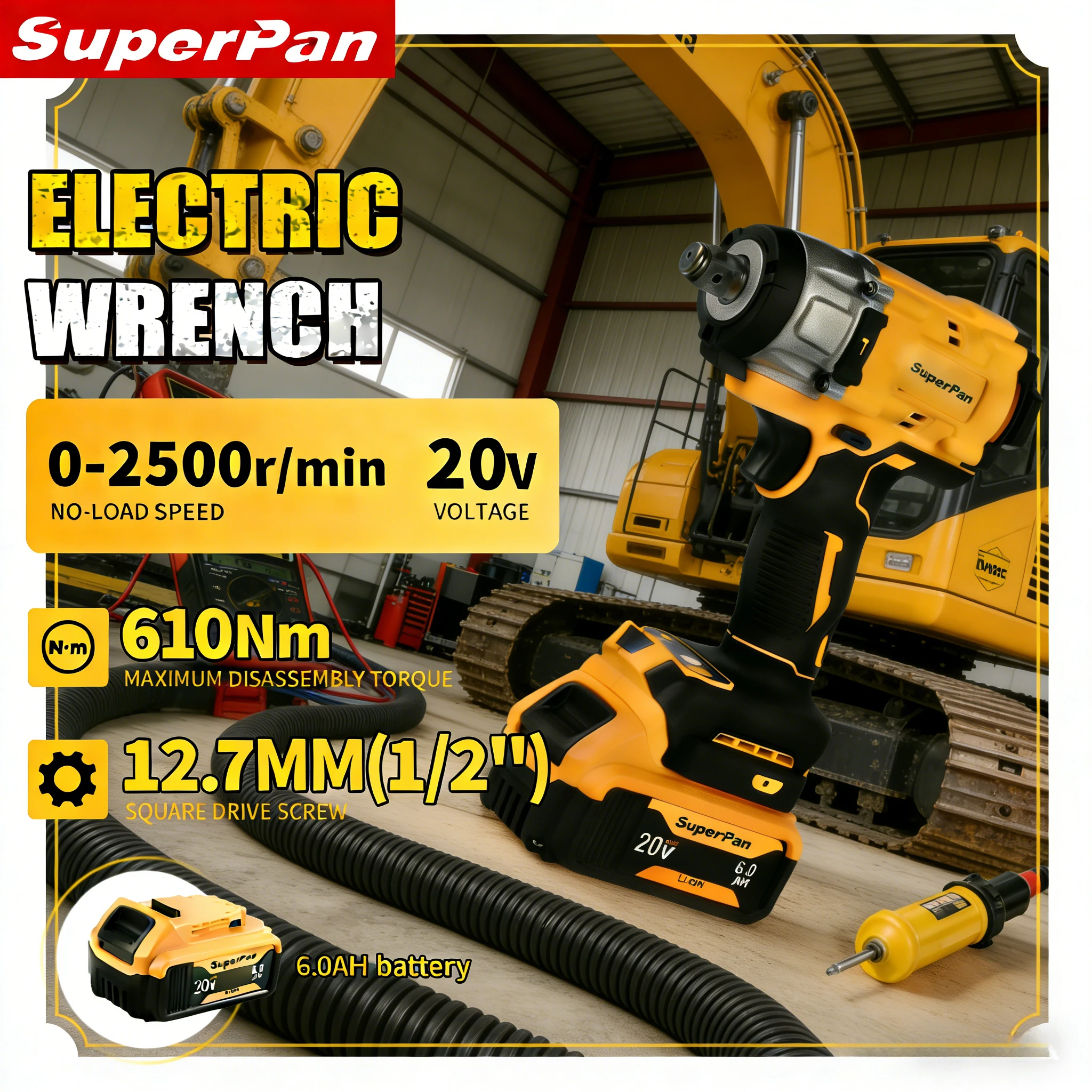 Ударный гайковерт SuperPan SP922 с эргономичной рукояткой для автосервиса и механических работ, совместим с аккумулятором DeWalt 20V.
Ударный гайковерт SuperPan SP922 с эргономичной рукояткой для автосервиса и механических работ, совместим с аккумулятором DeWalt 20V.