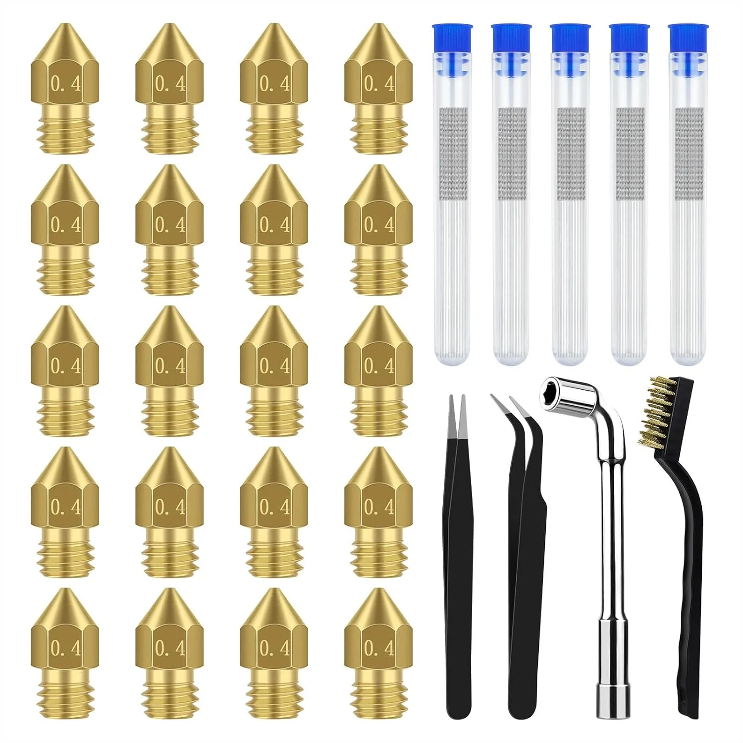 20 PCS 0.4mm Brass 3D Printer Nozzles with Cleaning Kit, Compatible with CR-10, Ender 3, and More
20 PCS 0.4mm Brass 3D Printer Nozzles with Cleaning Kit, Compatible with CR-10, Ender 3, and More