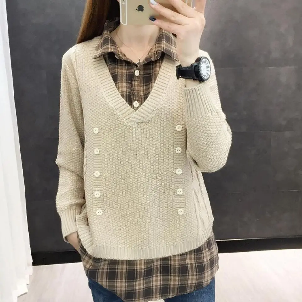 2024 Spring Autumn Women's Pullover Korean Loose Long Sleeved Plaid Patchwork Fake Two Piece Knitted Sweater Casual Tops U969
2024 Spring Autumn Women's Pullover Korean Loose Long Sleeved Plaid Patchwork Fake Two Piece Knitted Sweater Casual Tops U969