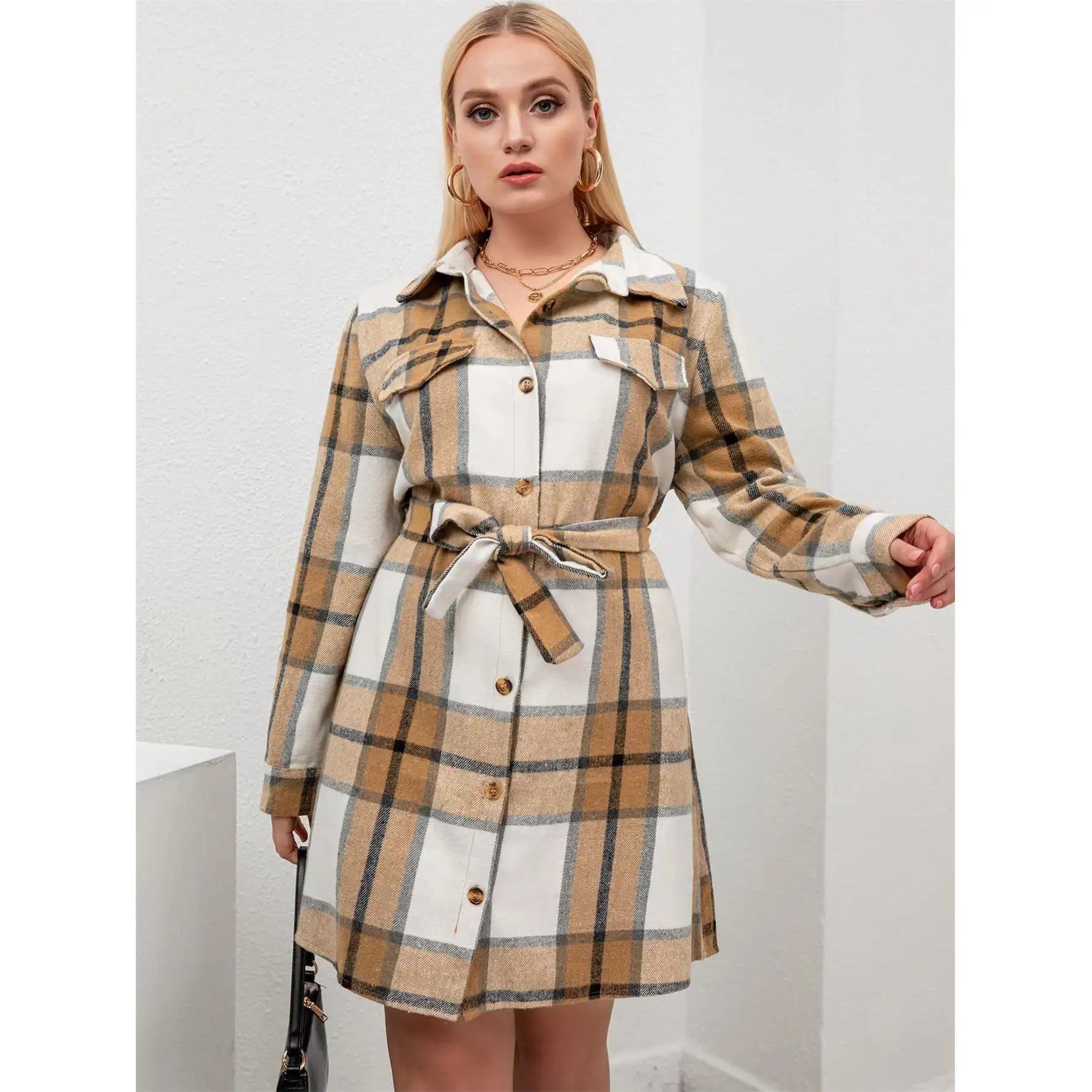 Women's Woolen Plaid irt Single Strap Long Collar Fre Sle Polyester Fiber Regular Sve Length Midi Autumn Season
Women's Woolen Plaid irt Single Strap Long Collar Fre Sle Polyester Fiber Regular Sve Length Midi Autumn Season