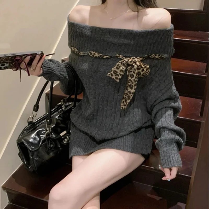 Women Off Shoulder Sweater Fall Winter Long Sleeve Leopard Lace Up Patchwork Pullovers Loose Lazy Wind Slash Neck Korean Jumpers
Women Off Shoulder Sweater Fall Winter Long Sleeve Leopard Lace Up Patchwork Pullovers Loose Lazy Wind Slash Neck Korean Jumpers