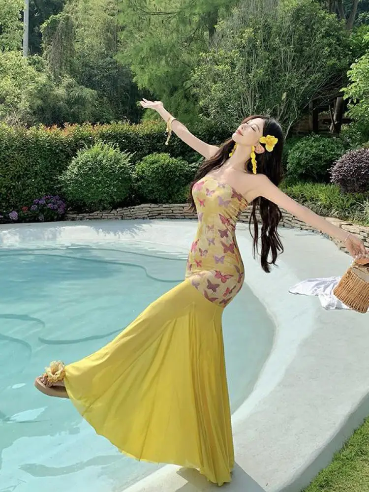 Summer Yellow Butterfly Print Patchwork Strapless Off Shoulder Pleated Dress Fashion Women Sleeveless Party Long Dresses Popular
Summer Yellow Butterfly Print Patchwork Strapless Off Shoulder Pleated Dress Fashion Women Sleeveless Party Long Dresses Popular