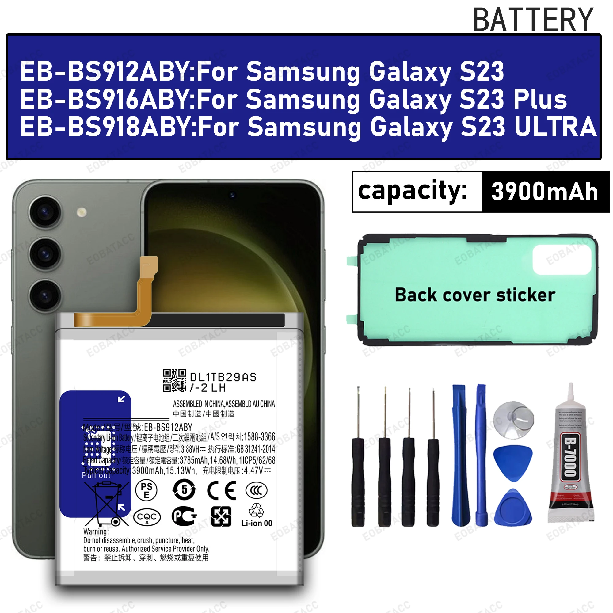 100% High Quanlity EB-BS912ABY EB-BS916ABY EB-BS918ABY Battery For Samsung Galaxy S23+ S23 Plus/Ultra s23Ultra Batteries+Tools 
100% High Quanlity EB-BS912ABY EB-BS916ABY EB-BS918ABY Battery For Samsung Galaxy S23+ S23 Plus/Ultra s23Ultra Batteries+Tools