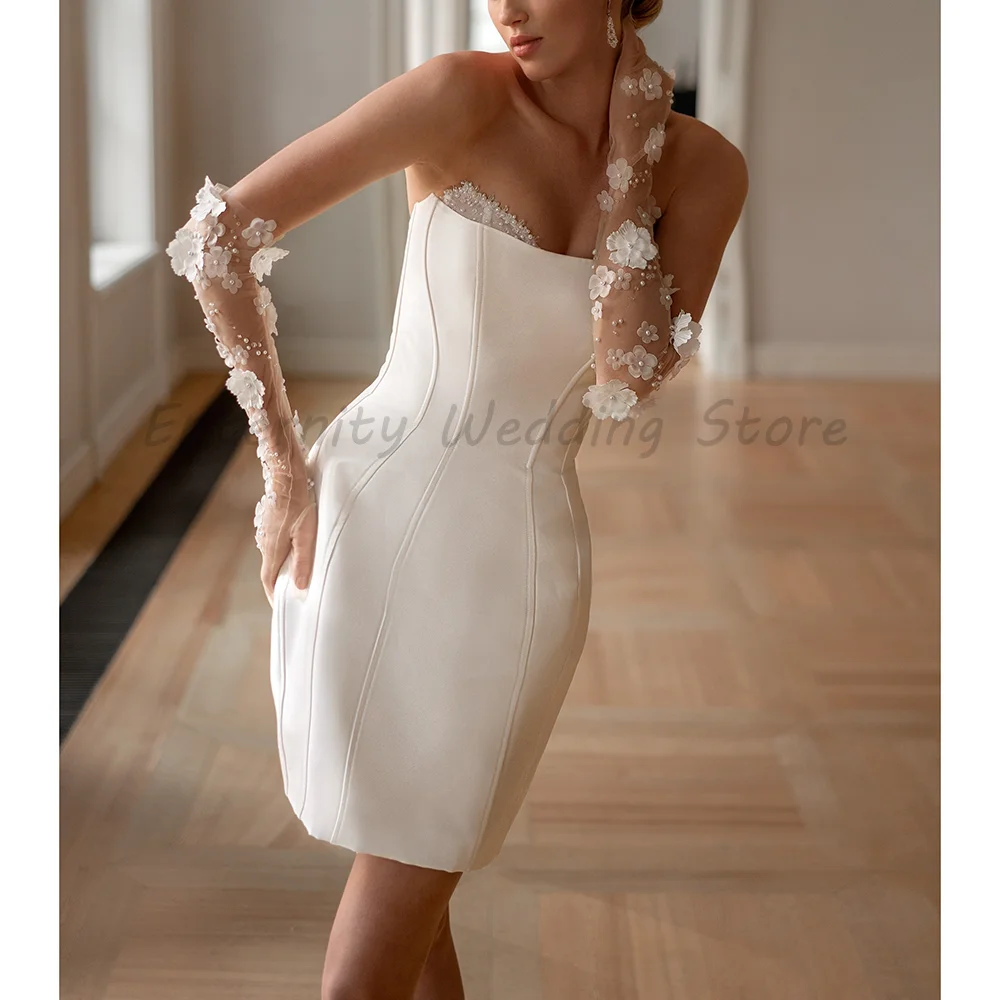 Strapless Satin Short Wedding Dress With Detachable 3D Floral Sheer Long Sleeves White Bridal Party Gown
Strapless Satin Short Wedding Dress With Detachable 3D Floral Sheer Long Sleeves White Bridal Party Gown