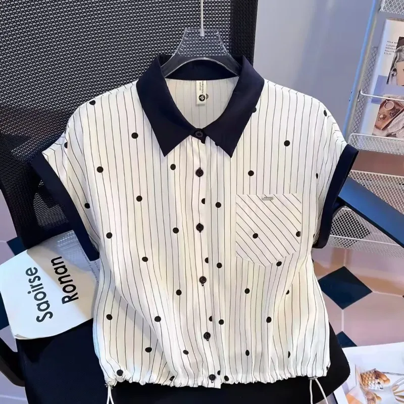 Women's Color Block Polka Dot Striped Collared Short Sleeve Shirt Drawstring Waist Cropped Blouse
Women's Color Block Polka Dot Striped Collared Short Sleeve Shirt Drawstring Waist Cropped Blouse
