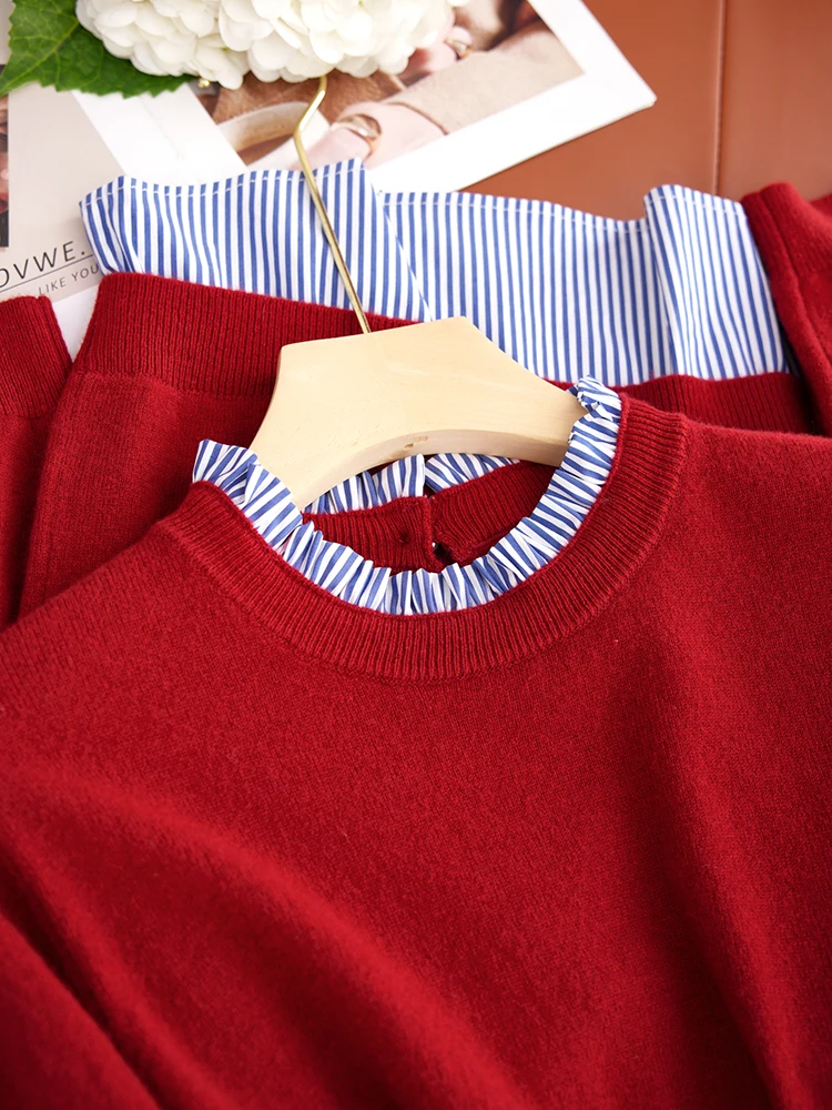 Faionable Skin-Tightening Cisas Red Pure Wool Patchwork irt Fake Two-Piece Knitted Sweater Women's Sle Commute Wind
Faionable Skin-Tightening Cisas Red Pure Wool Patchwork irt Fake Two-Piece Knitted Sweater Women's Sle Commute Wind