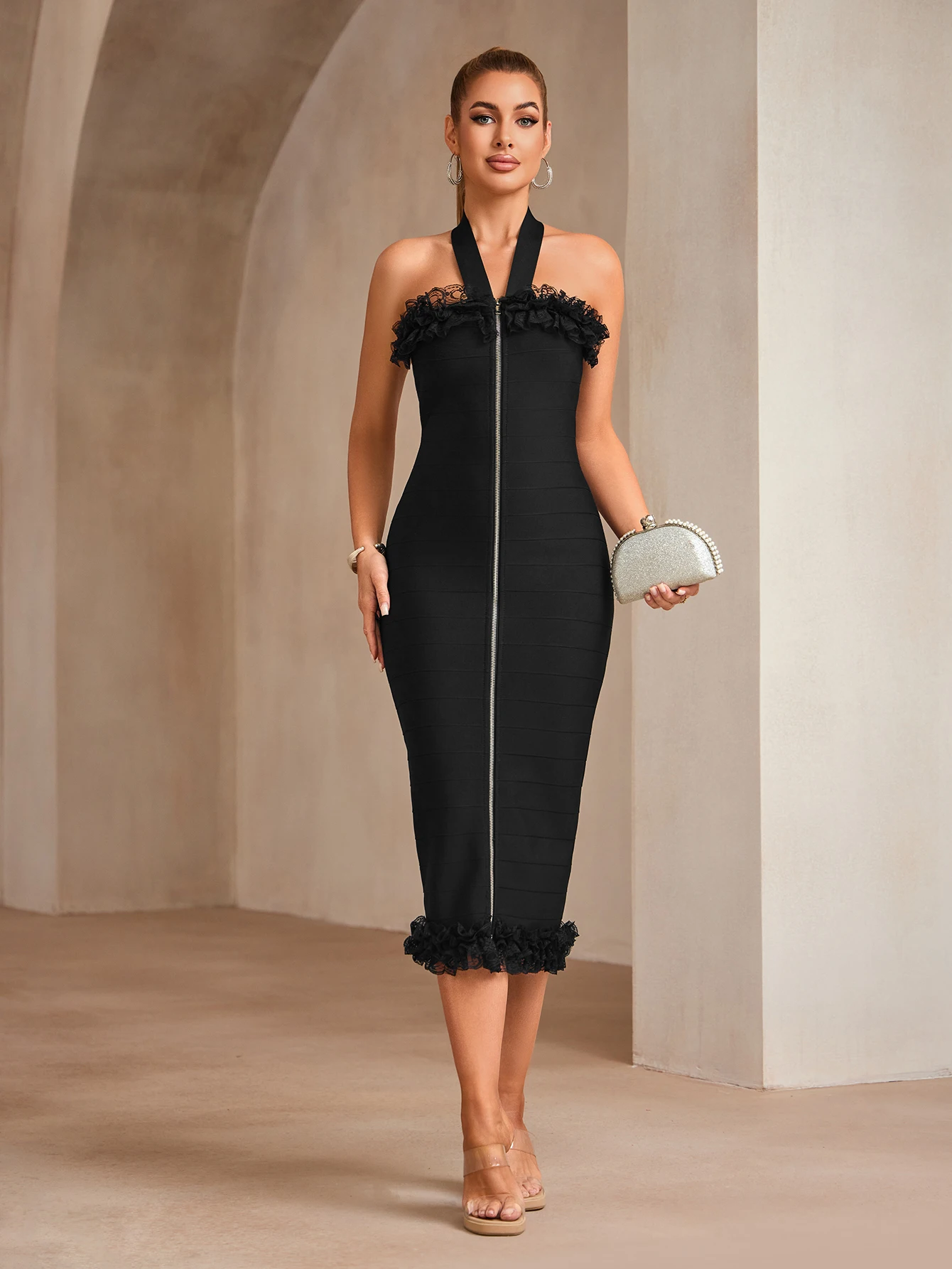 2025 New Bandage Dress For Women Black Halter Front Zipper Stripe Midi Calf Bandage Dress With Trimmed Lace Evening Party Gowns
2025 New Bandage Dress For Women Black Halter Front Zipper Stripe Midi Calf Bandage Dress With Trimmed Lace Evening Party Gowns
