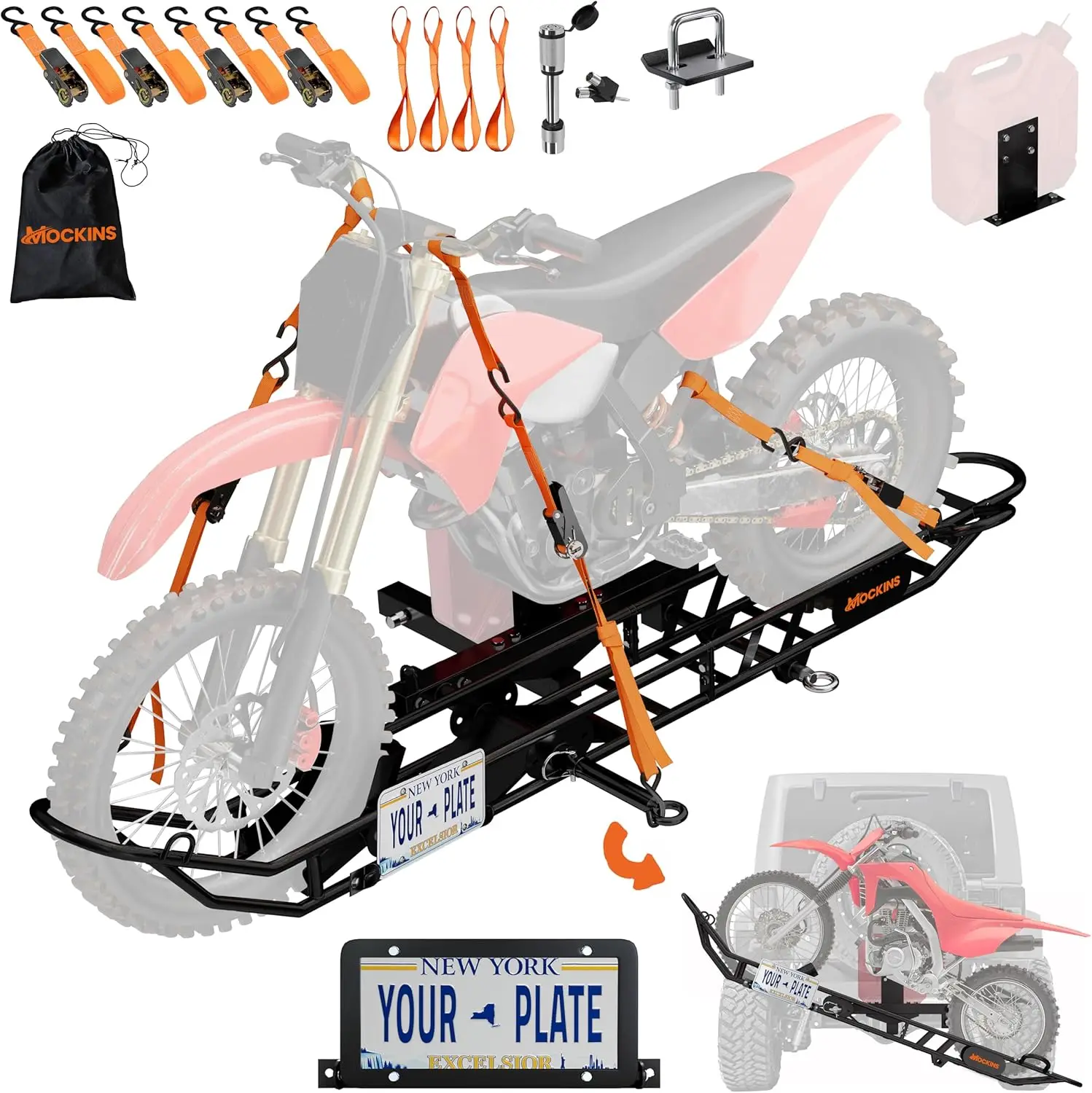 Motorcycle and eBike Transport, Heavy - Duty Steel, 500 Lbs. Capacity, with Ramp, License Plate Holder, Stabilizer & Straps
Motorcycle and eBike Transport, Heavy - Duty Steel, 500 Lbs. Capacity, with Ramp, License Plate Holder, Stabilizer & Straps