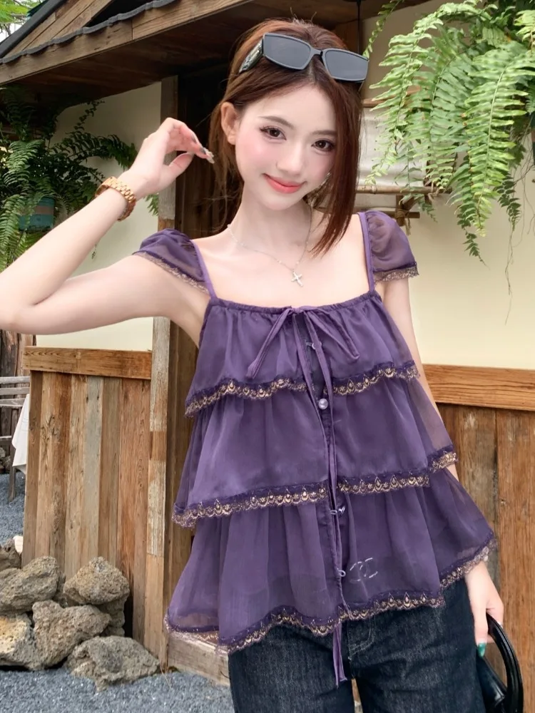 Sexy Purple Lace Trim Halter Neck Short Sleeve Mesh Top Women's Summer Vacation Style Korean Standard Fit Breathable Sk...
Sexy Purple Lace Trim Halter Neck Short Sleeve Mesh Top Women's Summer Vacation Style Korean Standard Fit Breathable Sk...