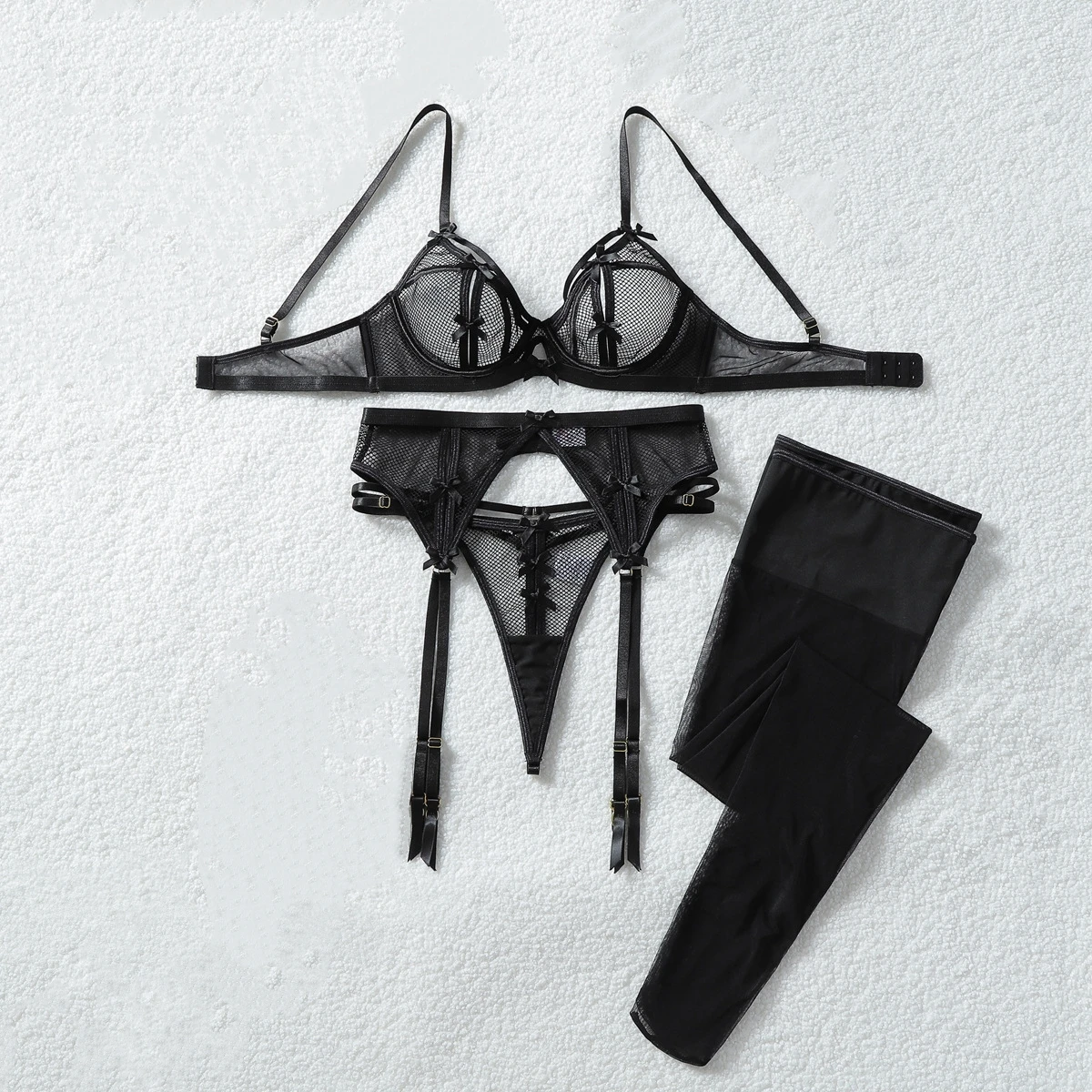 Women's 3D Bow Decor Hollow Perspective Lingerie Summer Sexy See Through Fishing Net Underwear Shaping Split Set with Stockings
Women's 3D Bow Decor Hollow Perspective Lingerie Summer Sexy See Through Fishing Net Underwear Shaping Split Set with Stockings